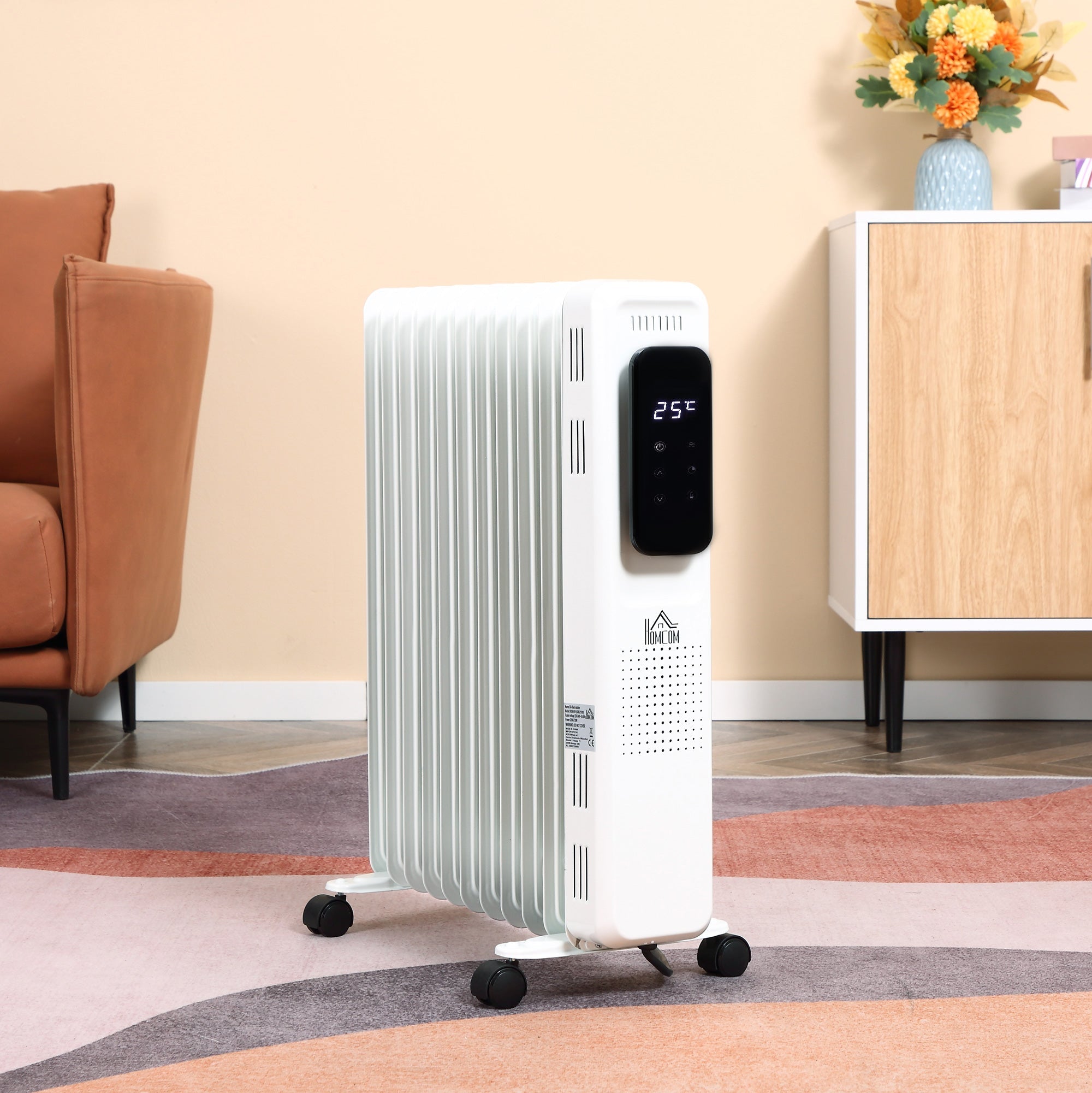 Portable Oil-Filled Radiator, 2290-2720W, 3 Heat, 24-Hour Timing, White Steel