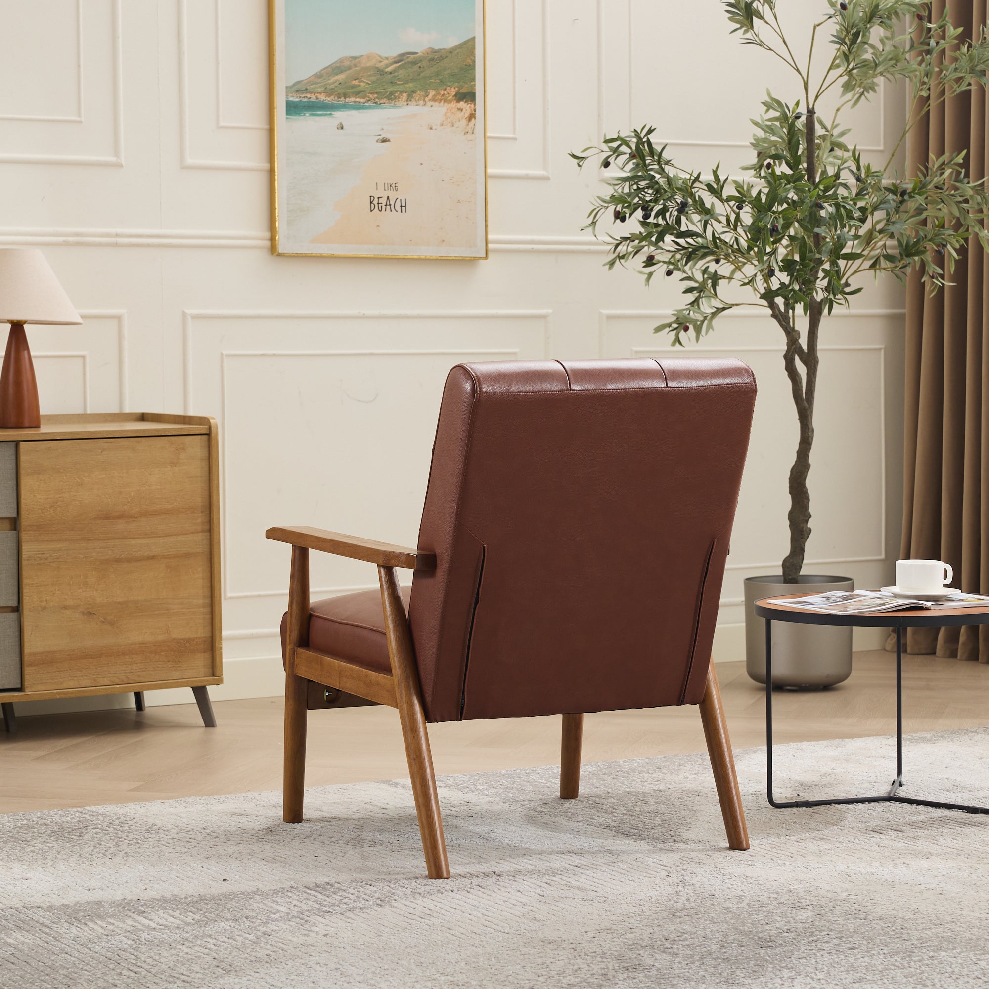 Lounge Chair Genuine Leather Walnut Armrests Rubberwood Legs - Brown