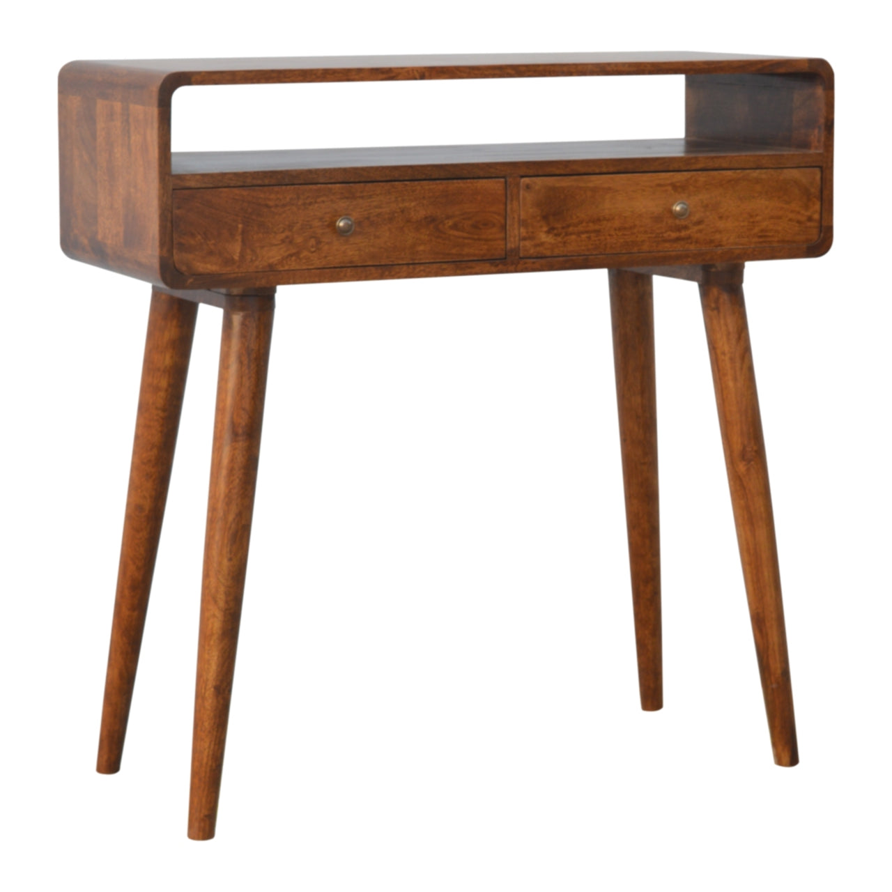 Solid Wood Console Table, Curved Chestnut 2-Drawer, Brown