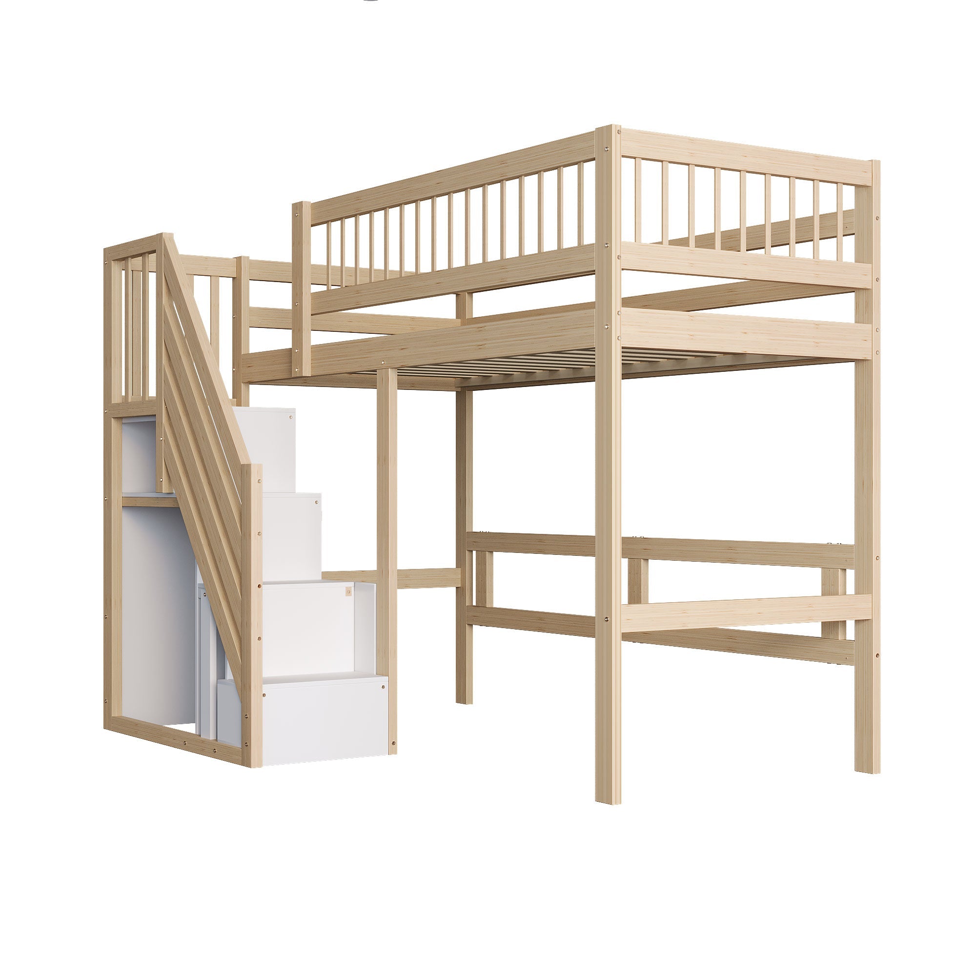 Solid Wood Bed, 90x200, Storage Stairs, High Version, Wood Color