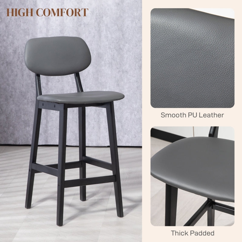 Bar Stools Set of 2, Upholstered with Backs, Footrests, and Solid Wood Legs, Dark Grey PU Leather