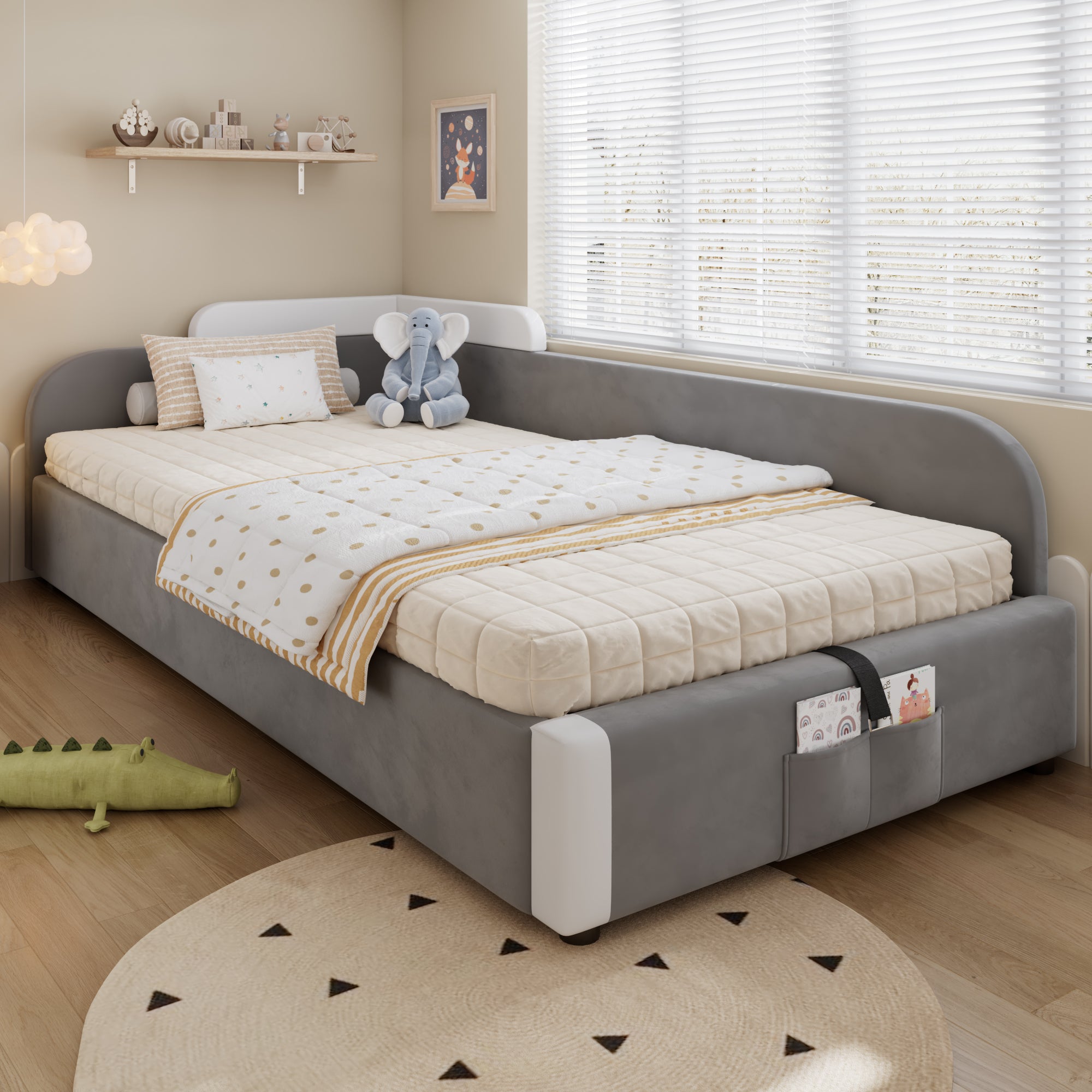 Hydraulic Bed, Storage Space, Raised Soft Fence, Velvet + Plywood, Grey