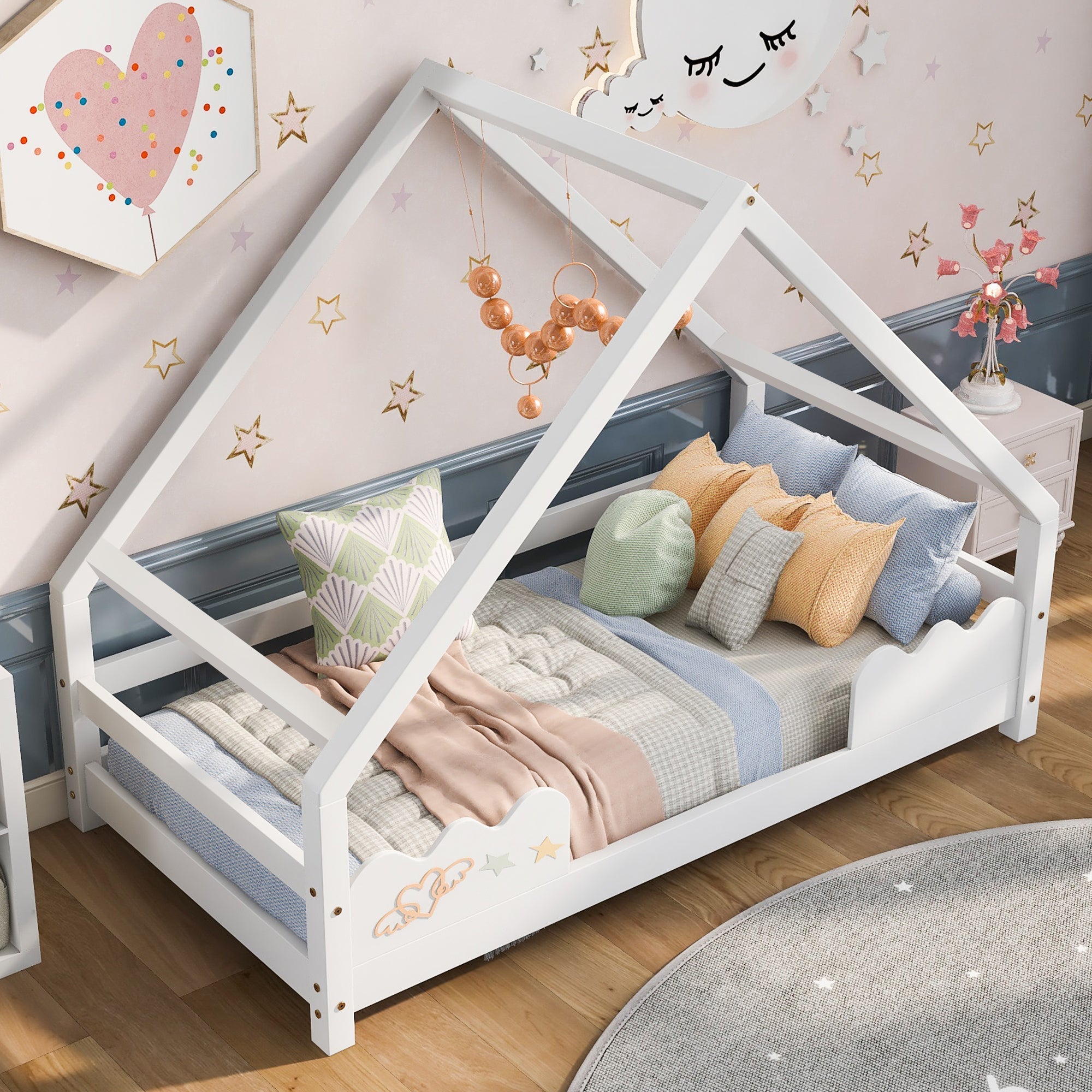 Children's House Bed 90x200cm with Fall Protection, Solid Pine Wood, White