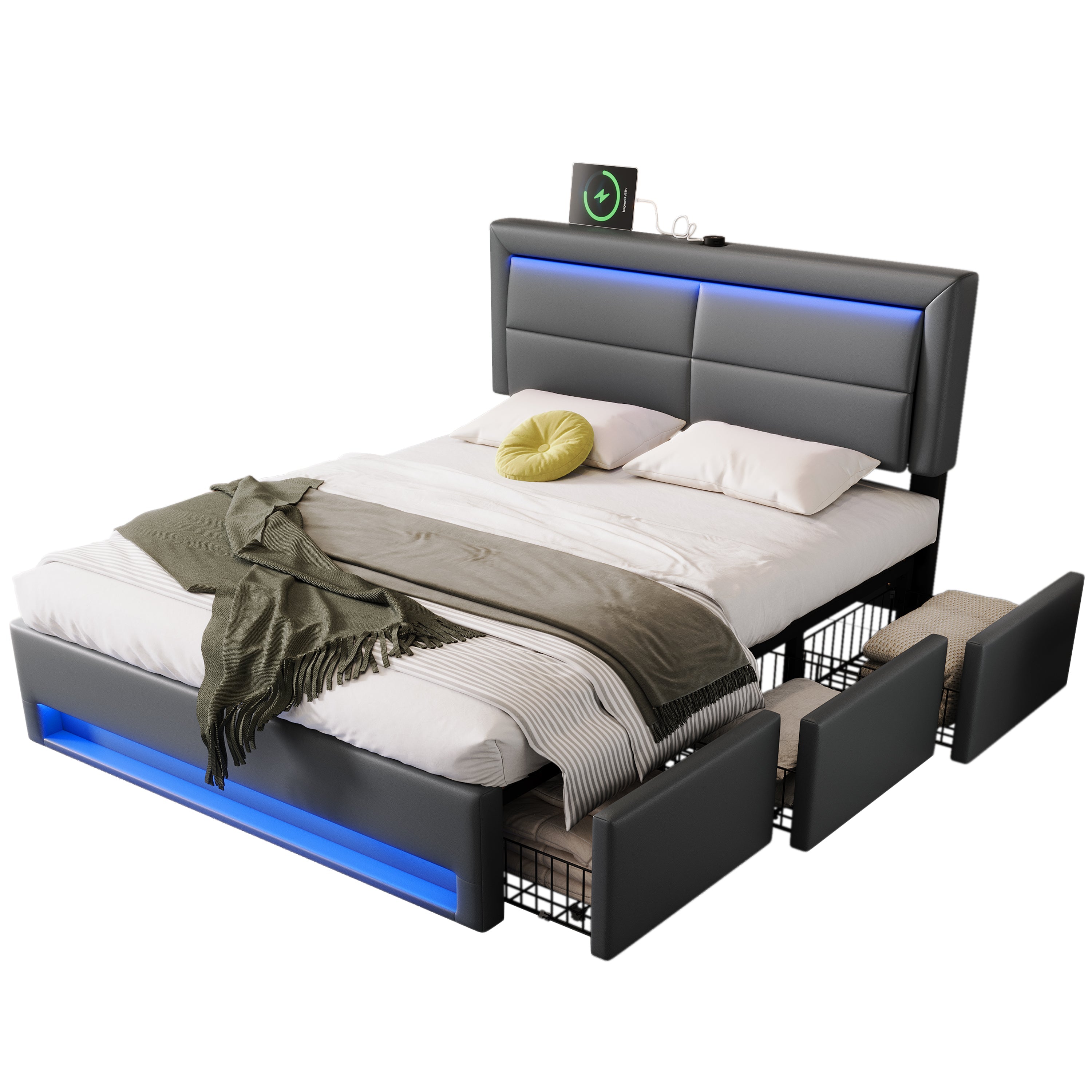 Upholstered Hydraulic Bed with USB, LED and 3 Storage Drawers, 140x190cm, Grey PU Leather