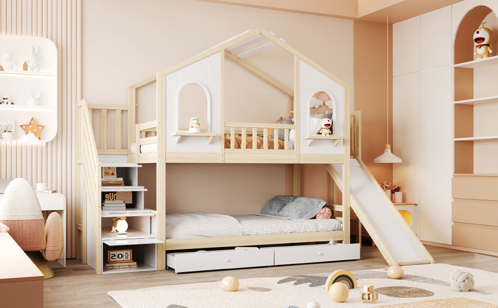 Children's Bunk Bed 90x200cm House Slide Storage Wood Color
