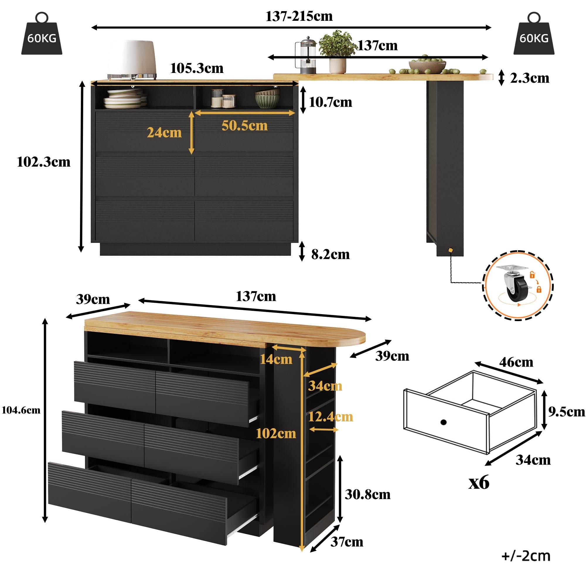 Extendable Bar Table with Storage and Six Drawers, MDF