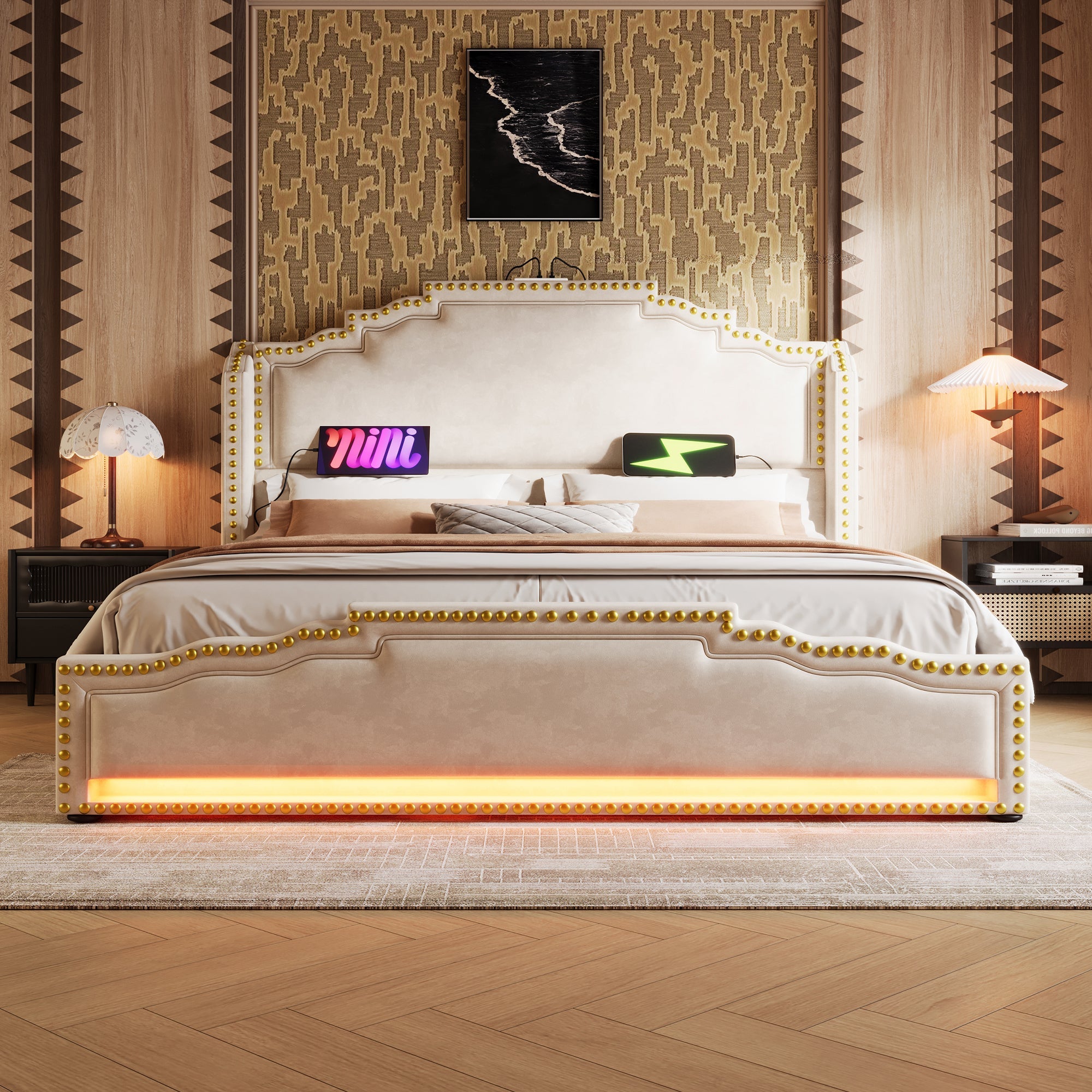 Upholstered Bed 180x200cm with 4 Drawers, LED Lighting and USB-C, Beige Velvet