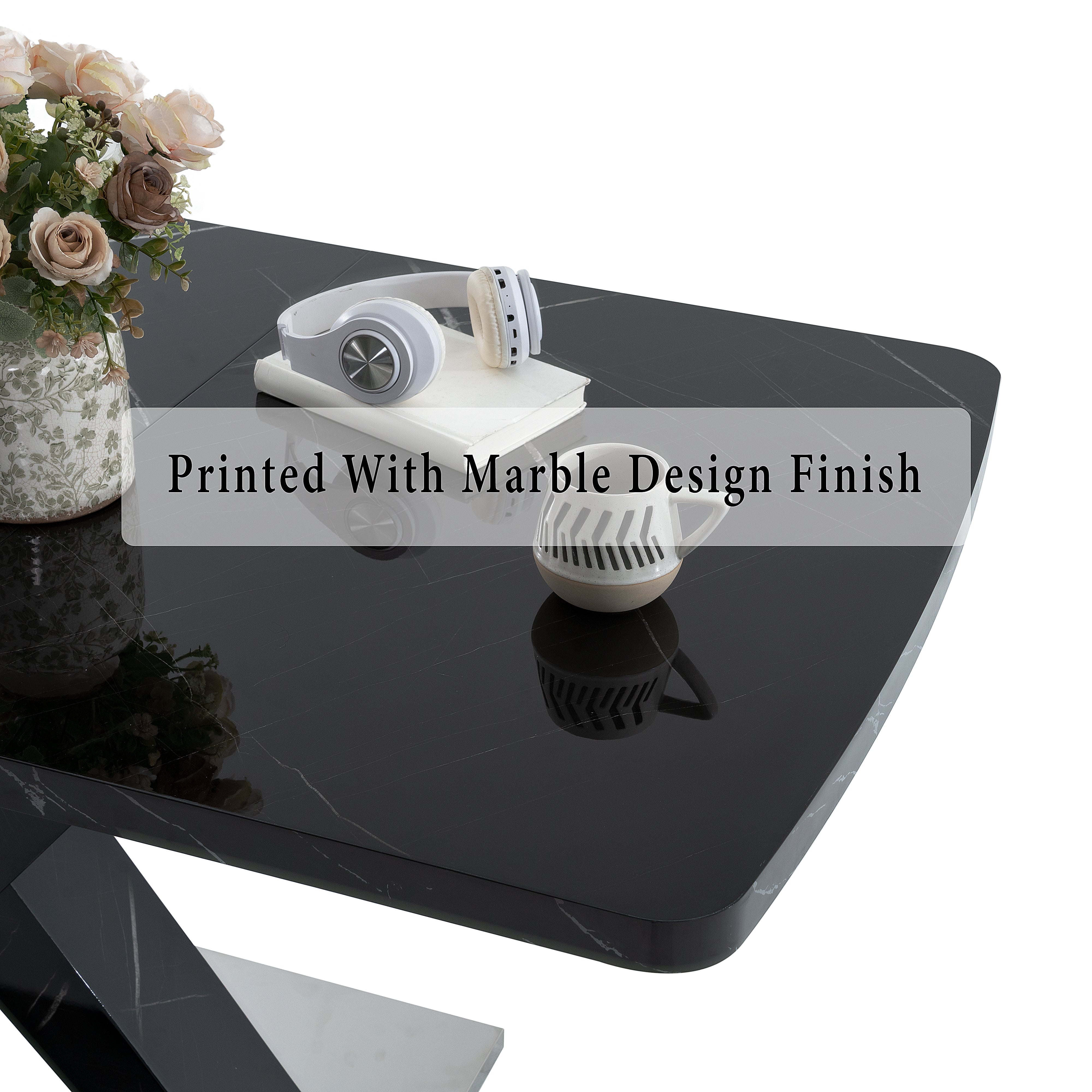 Dining Table 120-160CM Modern Stretchable Rectangle Marble Top, Black MDF/Metal