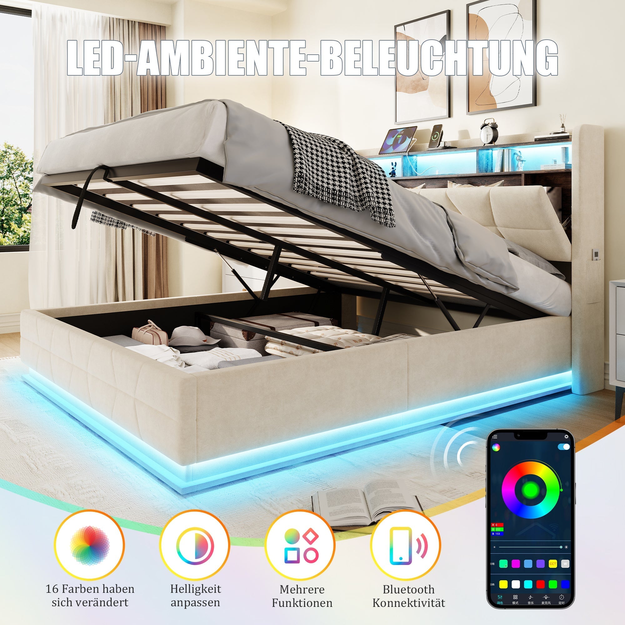 Multifunctional Bed with LED Lighting and USB Charging Station, 140x190cm, Beige