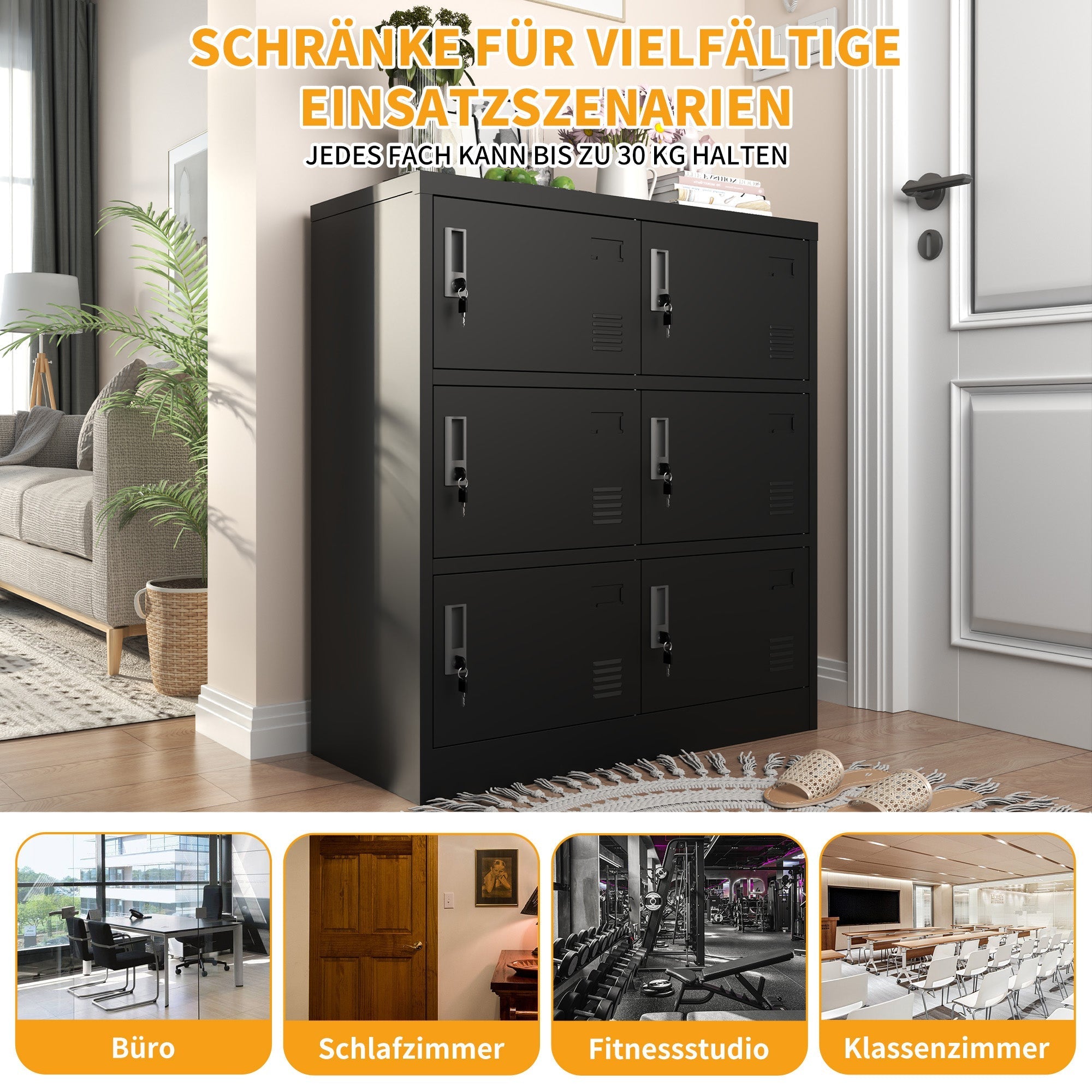 6-Door Metal Cabinet Secure Storage Card Slot 100x90x40 cm - Black