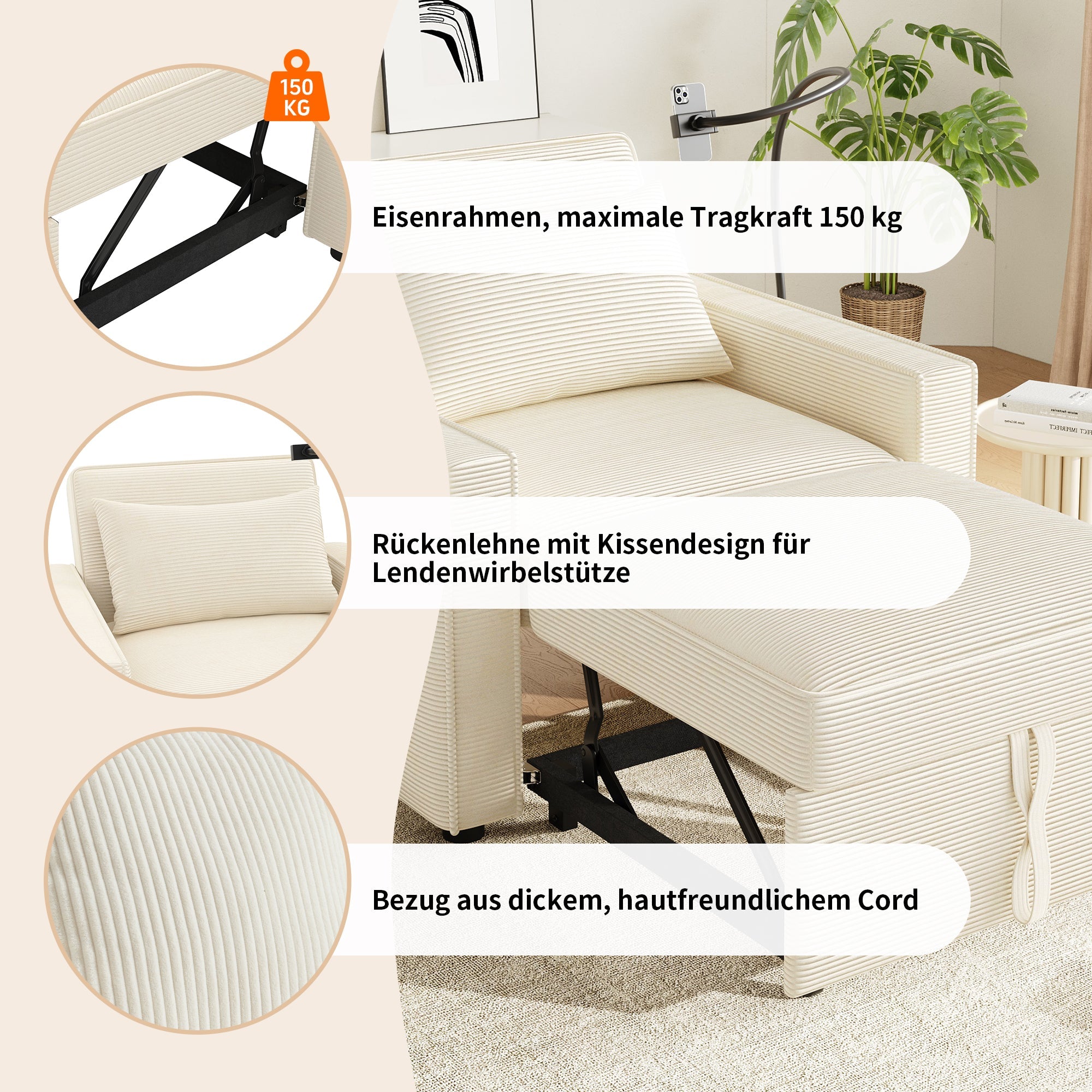 Multifunctional Foldable Sofa Bed 1-Seater Recliner USB Charging Space-Saving Corduroy Fabric Beige