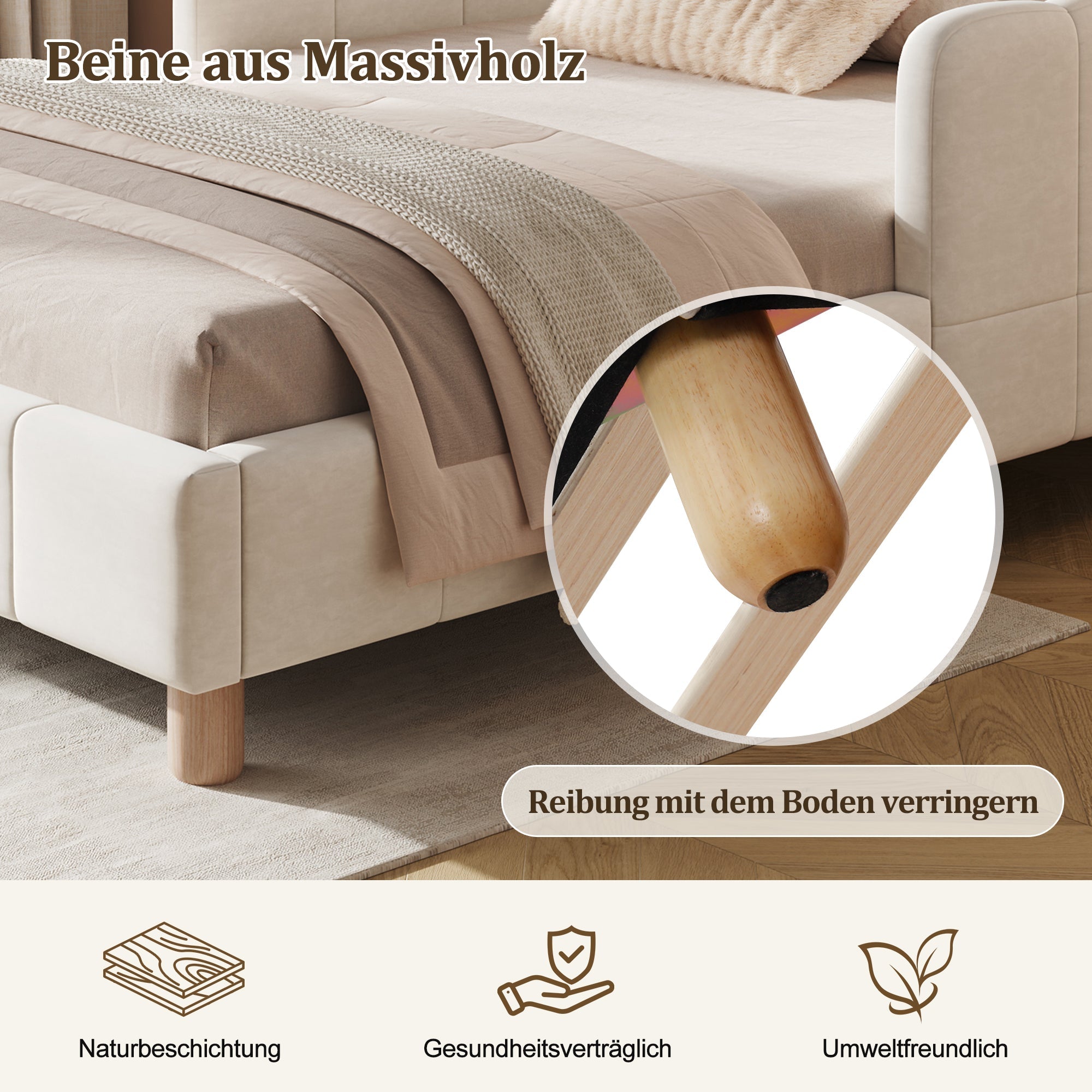 Upholstered Children's Single Bed with Headboard and Safety Rail, 90x200cm, Beige Velvet