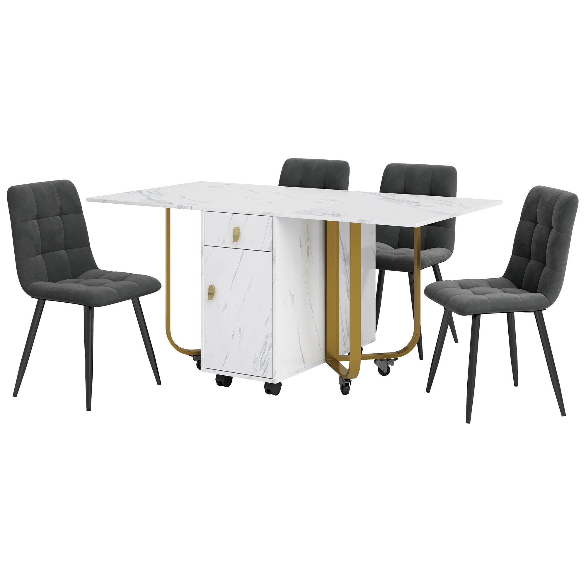 Dining Set, 150x80x76cm Folding Table, 4 Velvet Chairs, White MDF & Black Legs