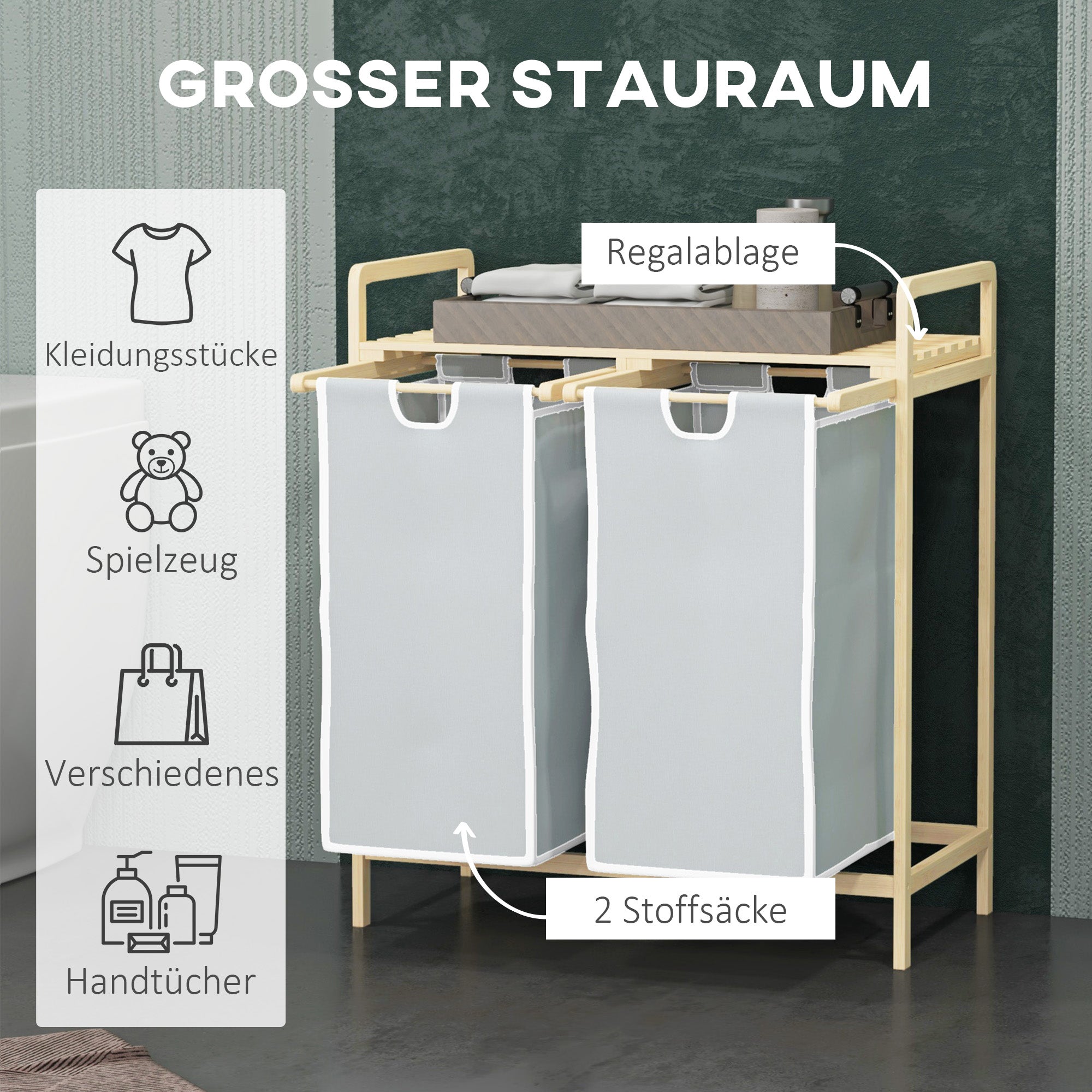 Laundry Basket with 2 Removable Bags, Bamboo Cream