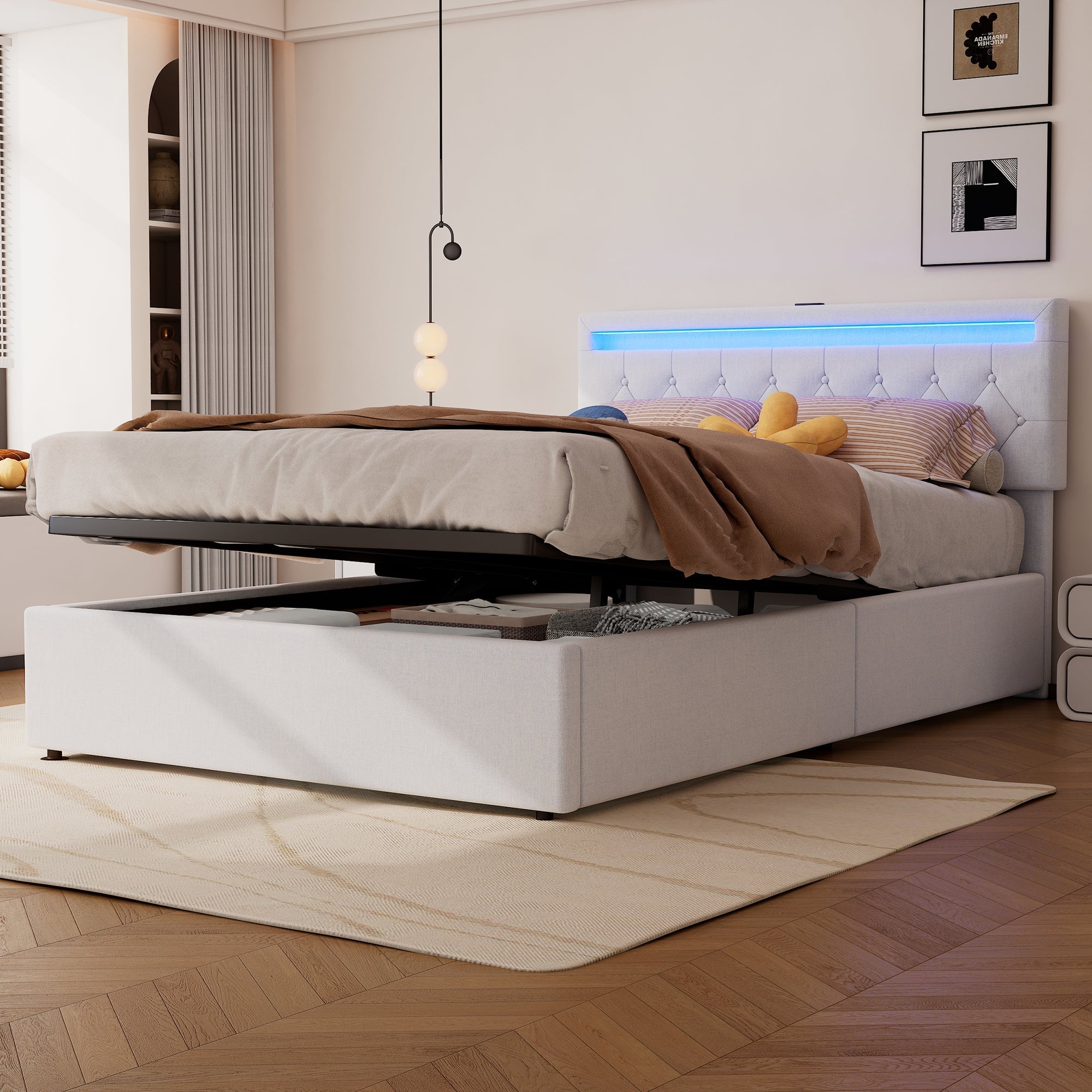 Upholstered Bed 140x200cm Adjustable Ambient Light USB/Type-C Storage - White