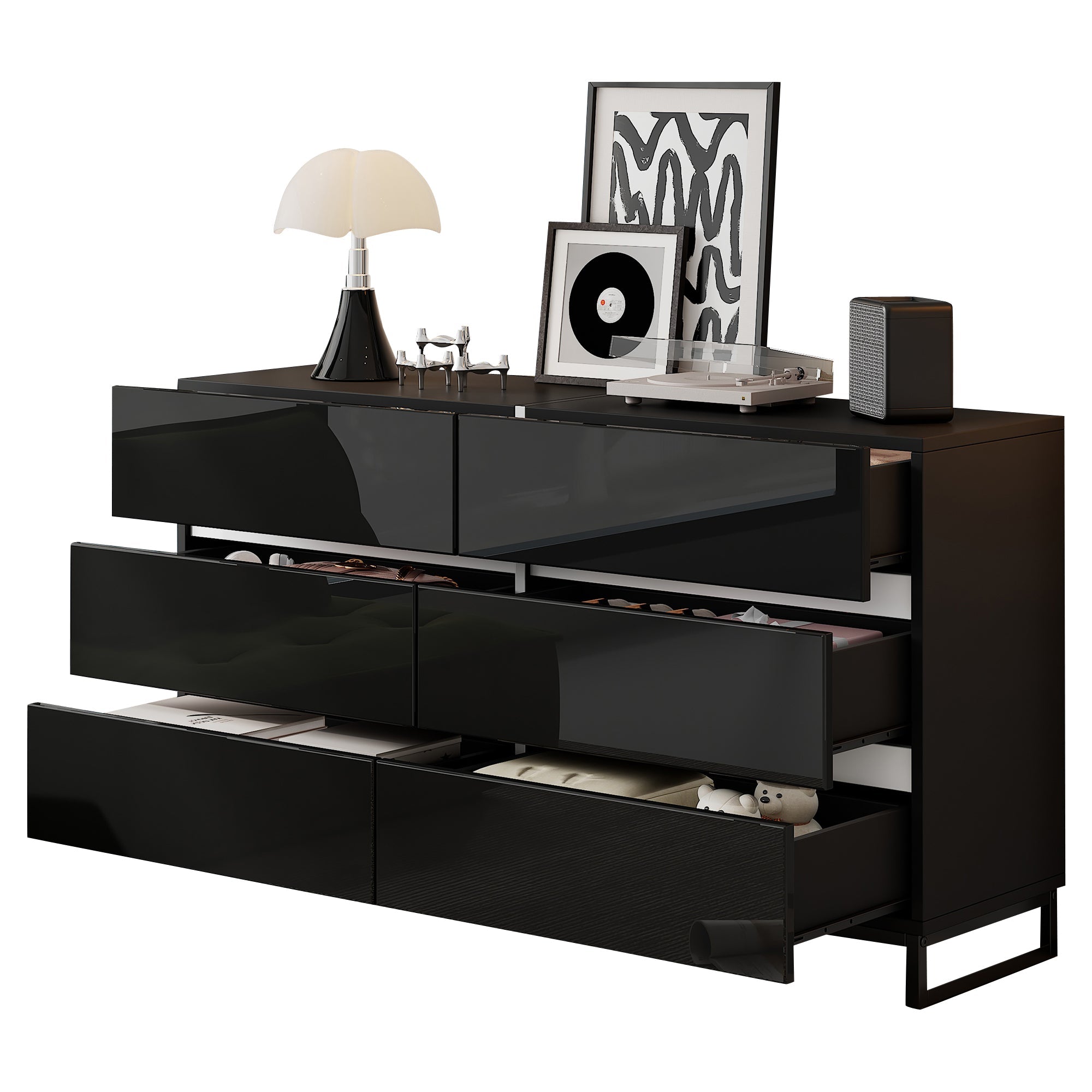 Living Room Sideboard, High-Gloss 6-Drawer Cabinet with Metal Legs, White+Black
