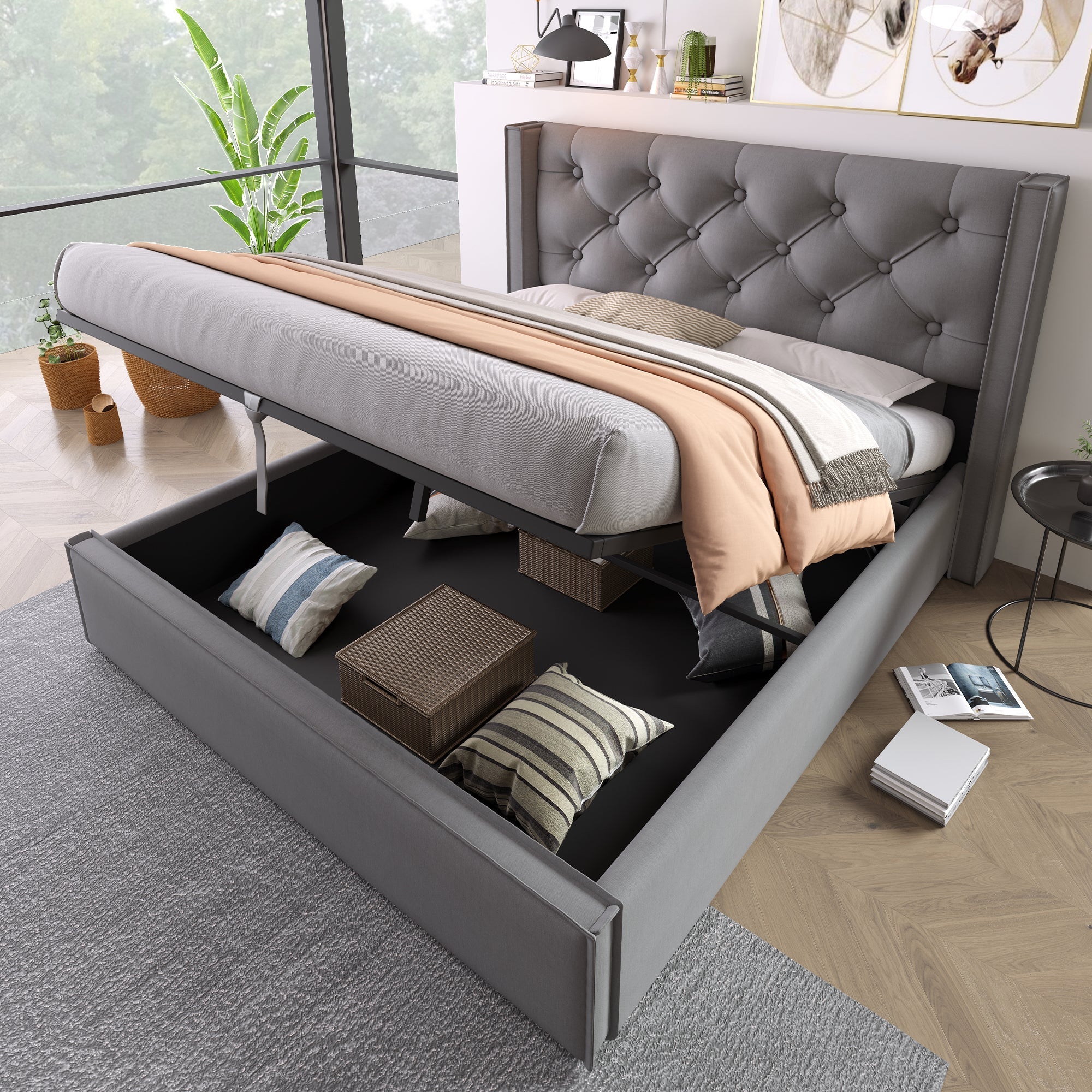 Hydraulic Double Upholstered Bed, 140x200cm Storage, Cotton Grey