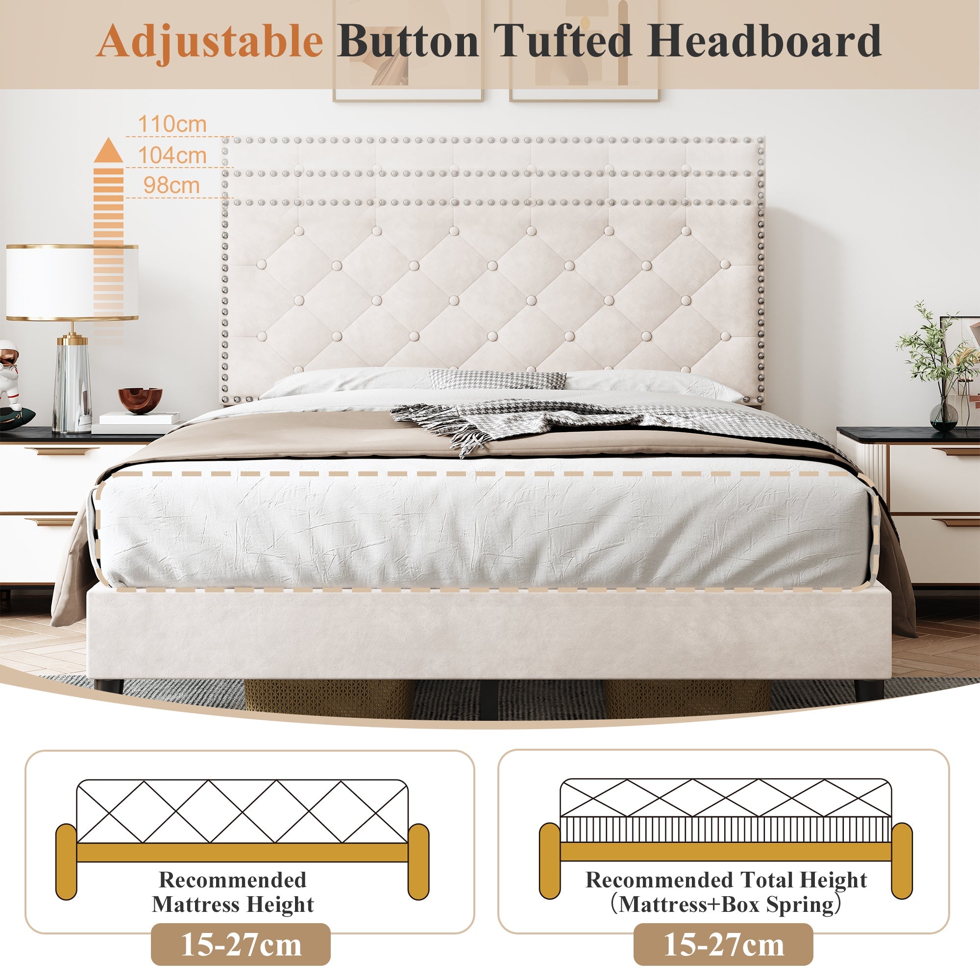 4ft6 Double Upholstered Velvet Bed Frame, Adjustable Button-Tufted & Riveted Headboard, Beige Velvet