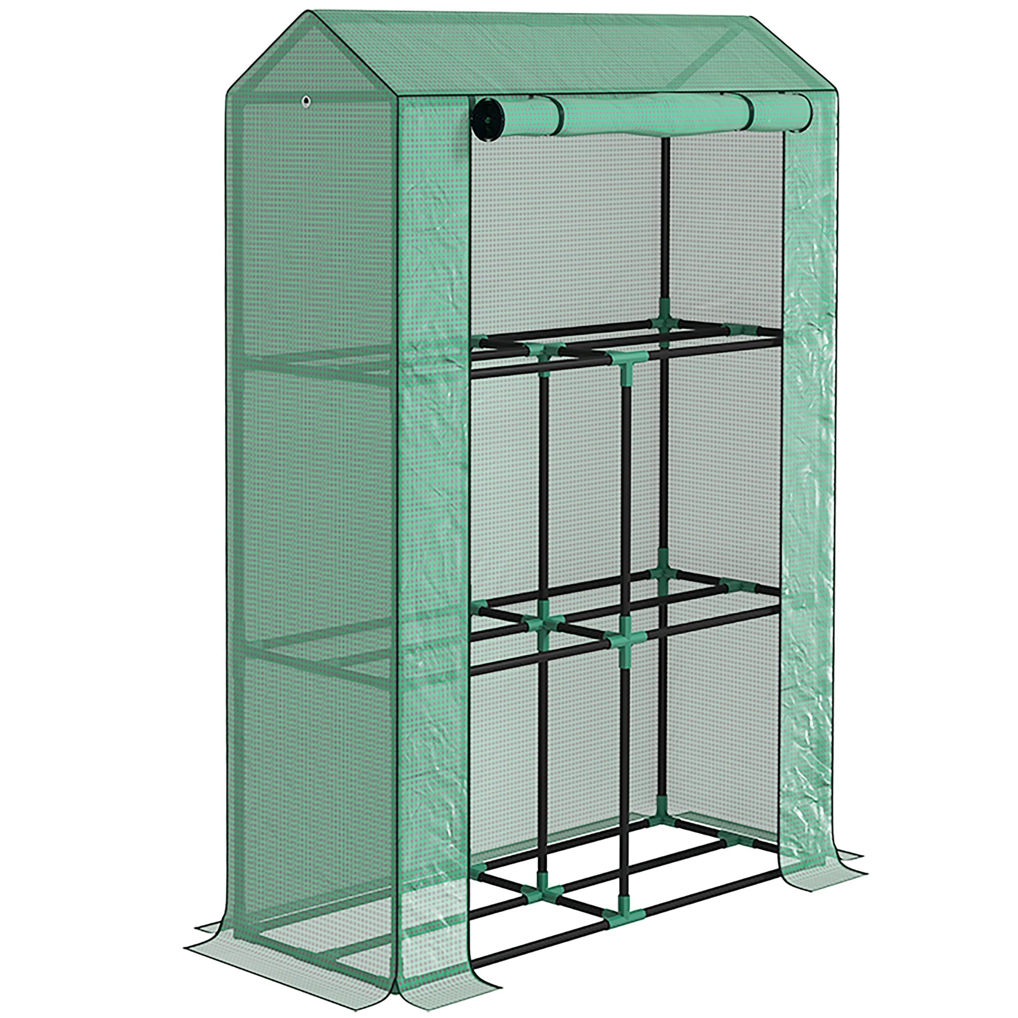 Greenhouse with shelves and roller door, winter-proof film, steel, green