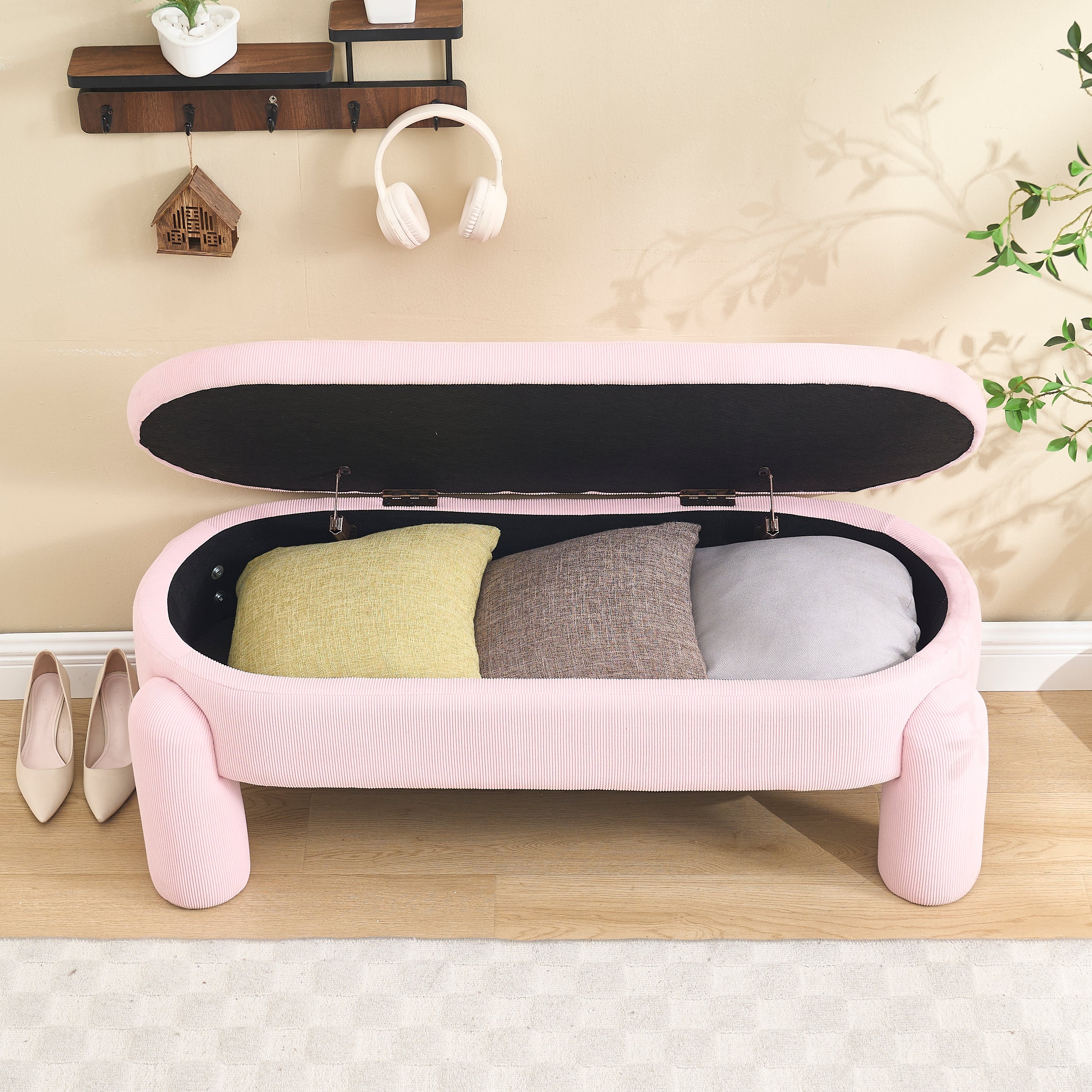 Storage Bench, Modern with Chenille Fabric & Solid Wood Frame, Pink