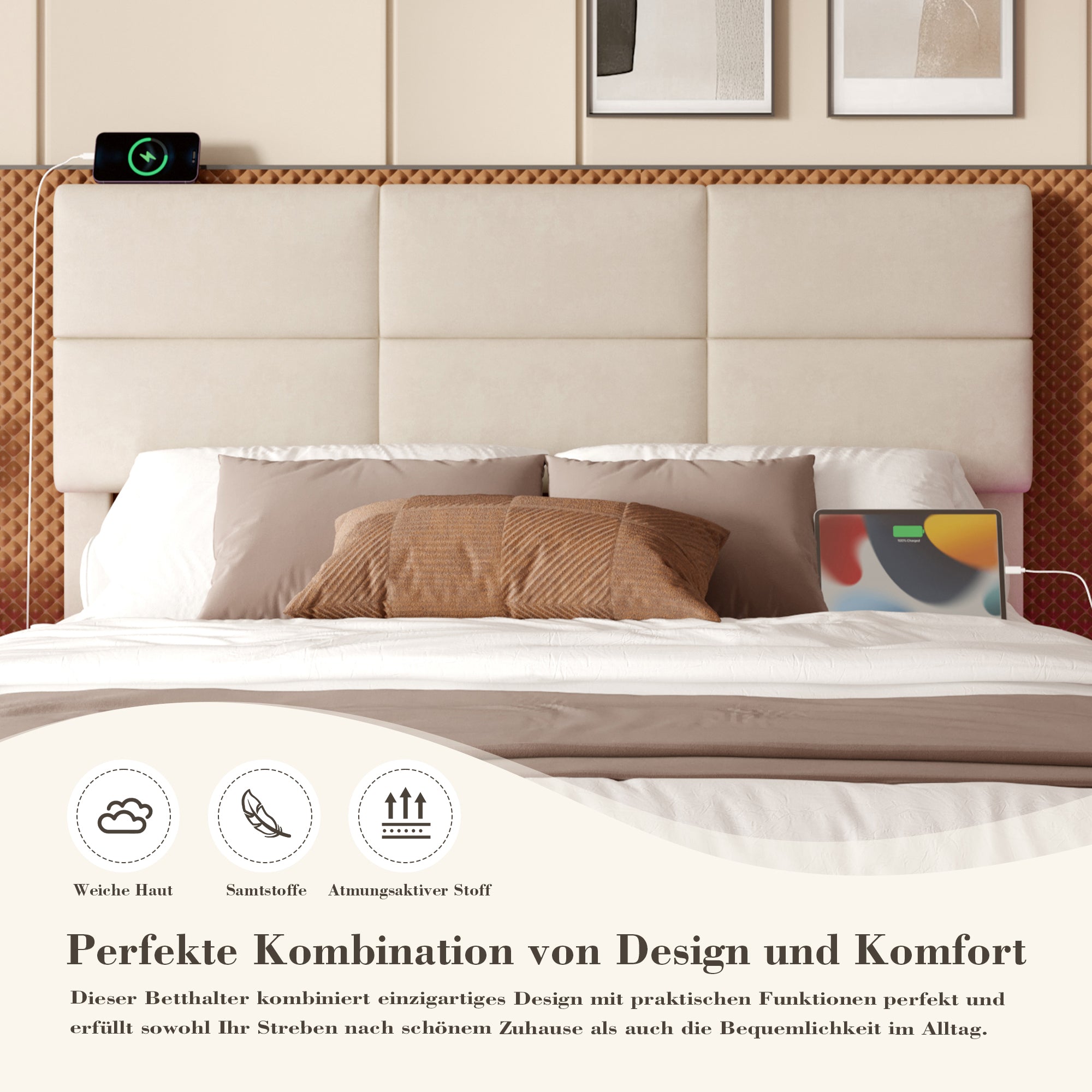 Velour Upholstered Bed, 160x200cm, Adjustable Headboard, USB/Type-C, LED, Hydraulic Lift, XXL Storage - Beige