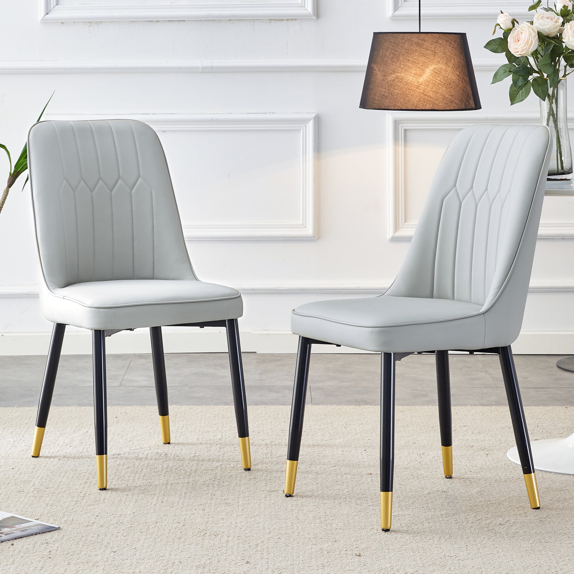 2-Piece Dining Chair Set PU Leather Back Black Metal Legs - Light Grey