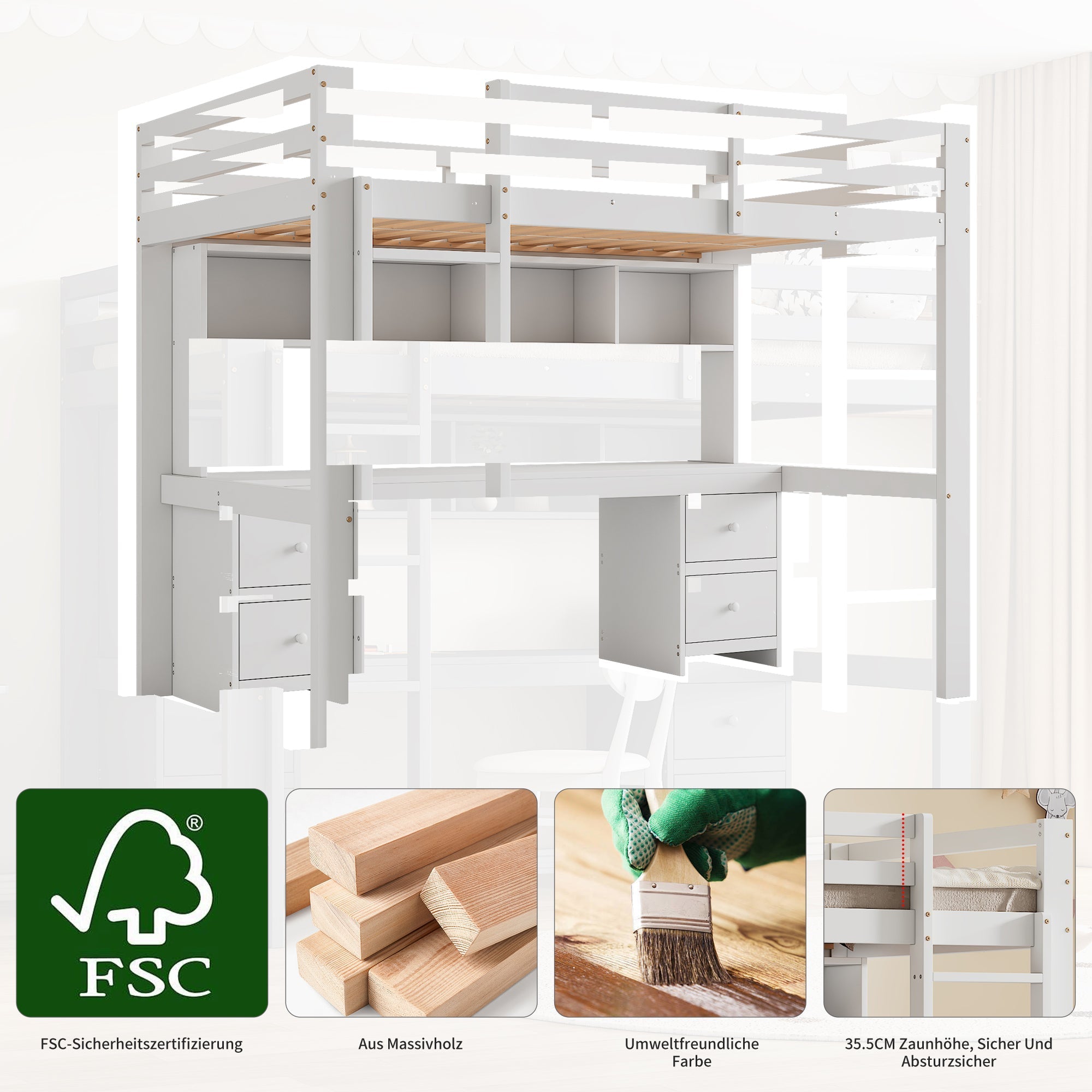 Loft Bed for Children with Desk and Storage, 90x200cm, White Pine Wood