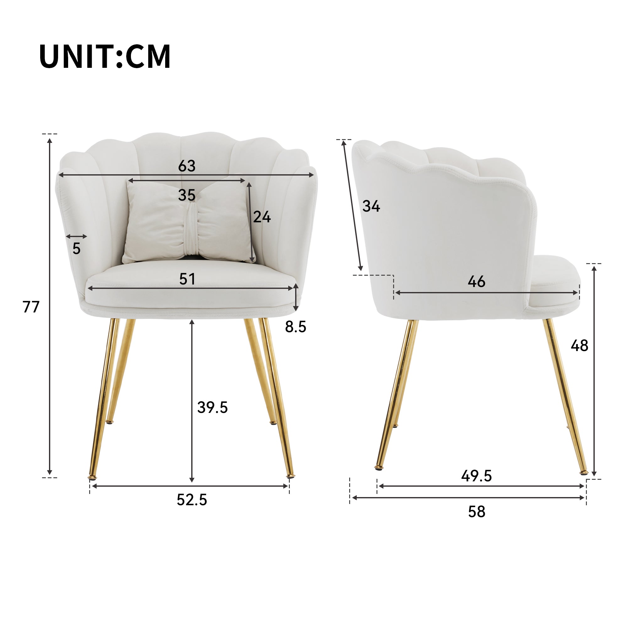 Chairs, 4 Modern Velvet Petal Back Upholstered with Gold Metal Legs and Butterfly Cushions, Velvet