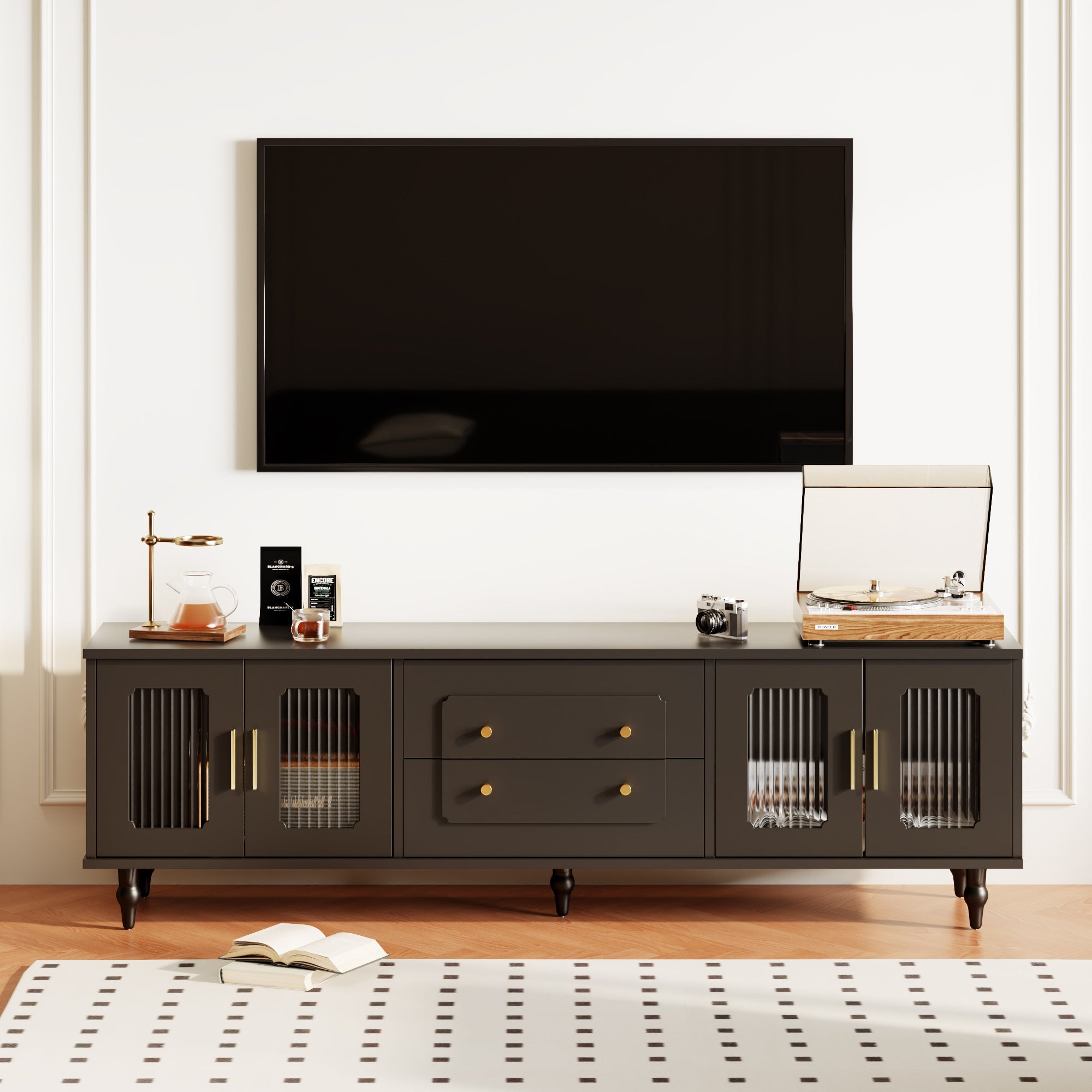TV Cabinet, Retro Lowboard with Gold Handles, Glass Door, Solid Wood Legs