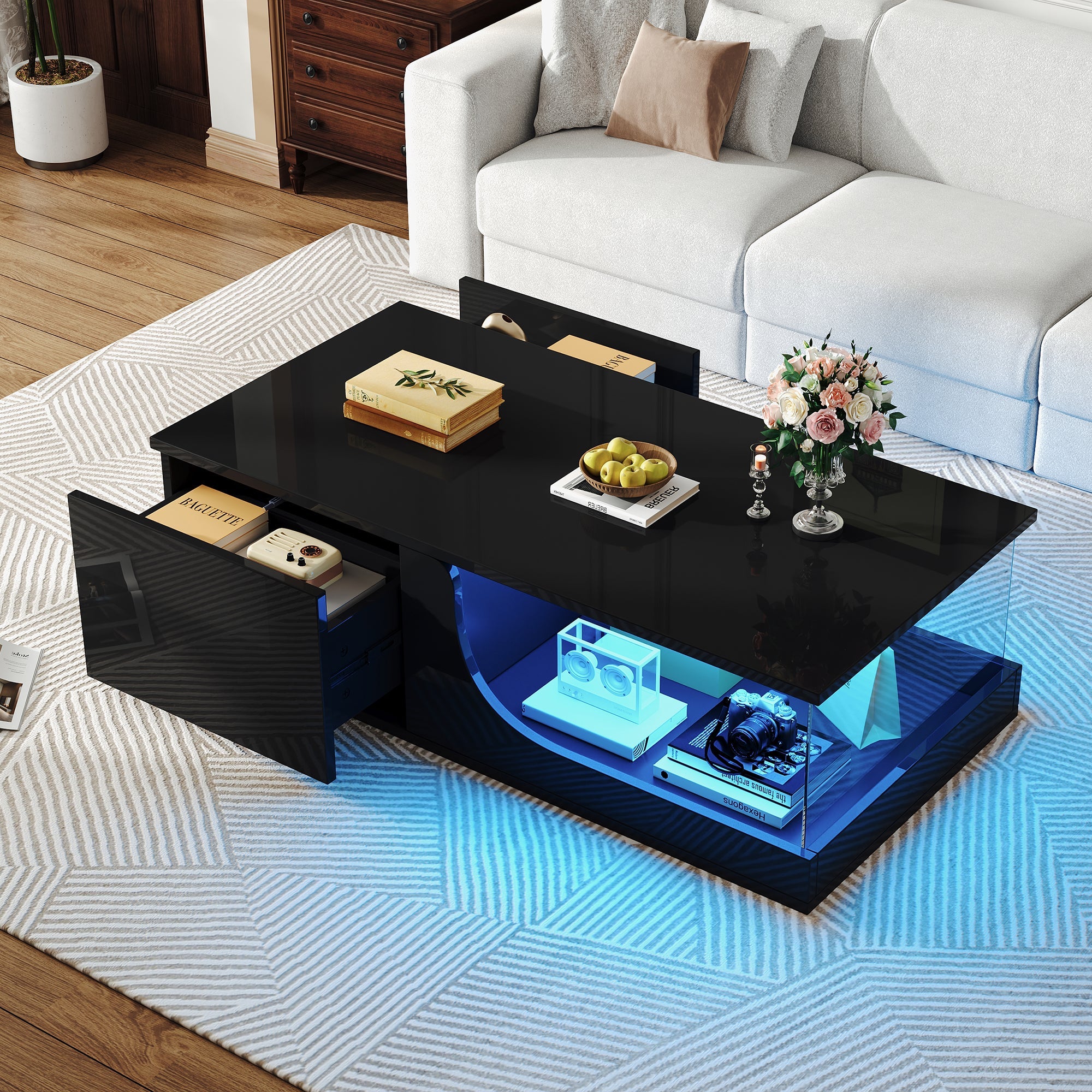 Coffee Table, 100x50x30cm, 2-Drawer High-Gloss with LED, Tempered Glass, Black