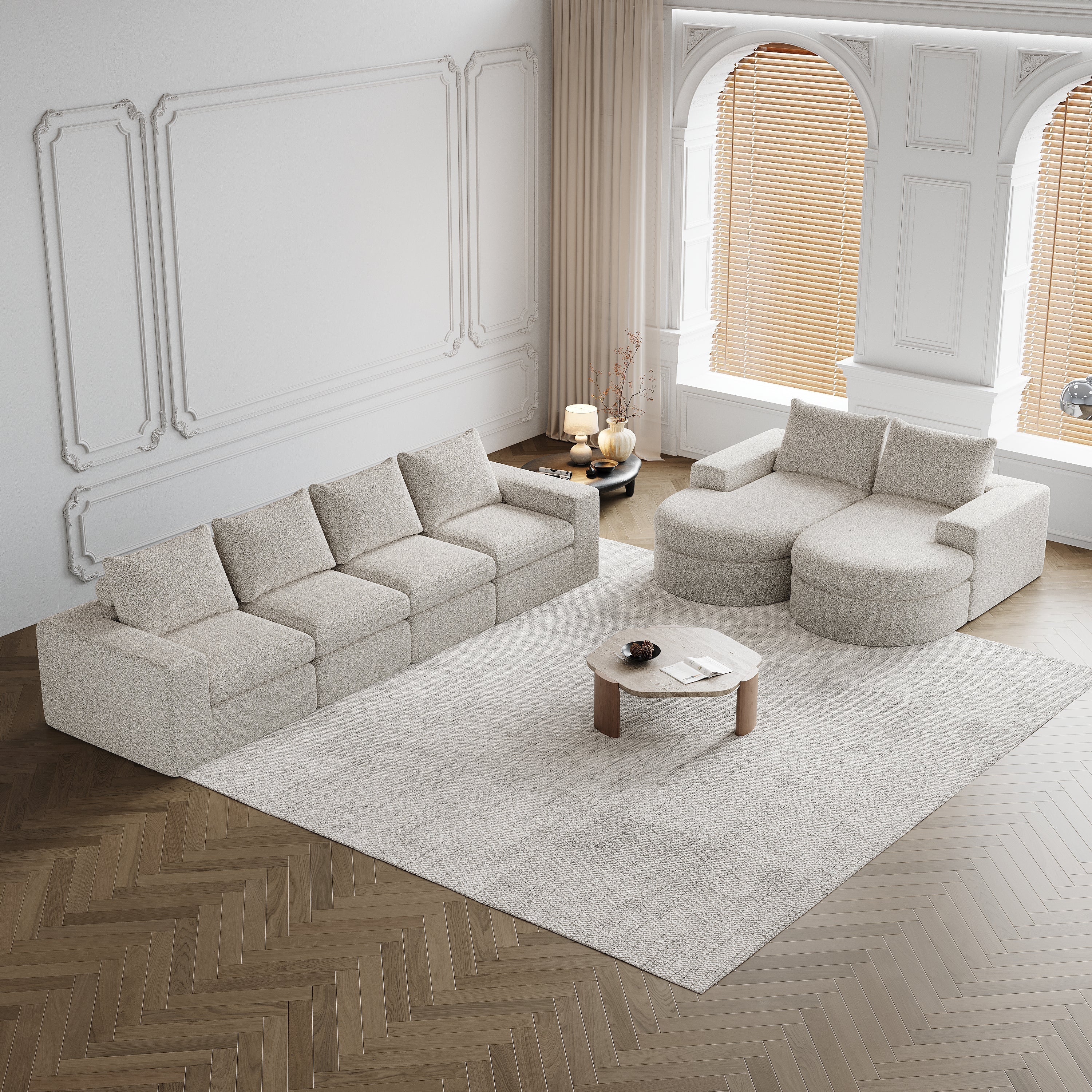 Chenille Curved Sofa with Recliner, Modular L-shaped, Two-Piece Set