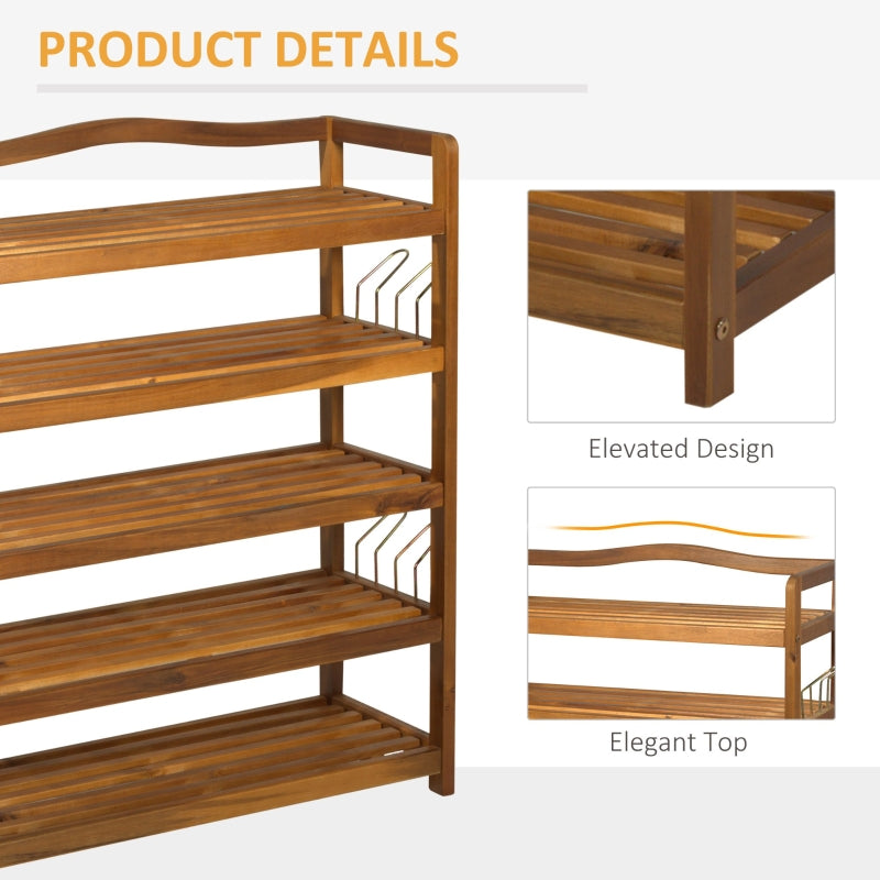 5-Tier Shoe Rack, Storage Organiser with Hangers for 24 Pairs, Teak Acacia Wooden