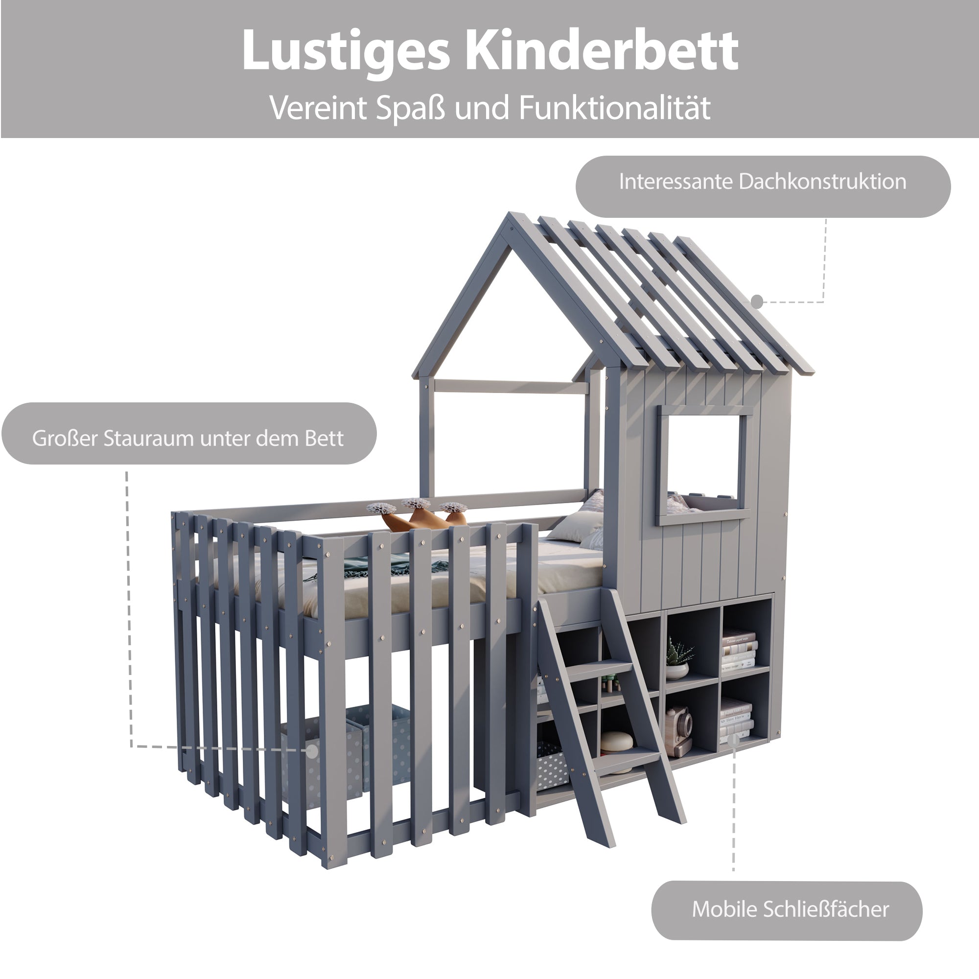 Children's House Bed 90x200, Roof & Window, Open Storage, Climbing Ladder, Solid Wood, Gray