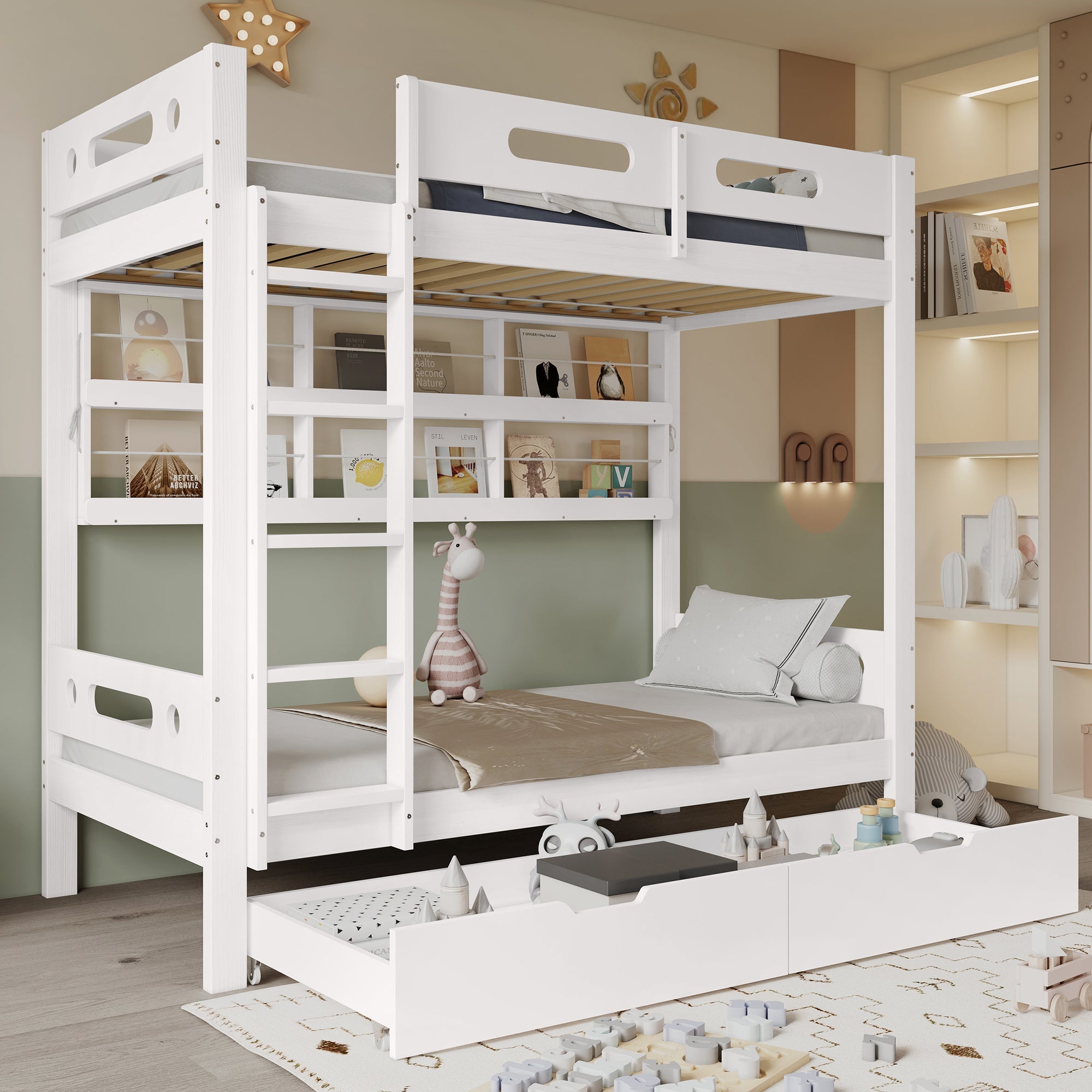 Bunk Bed Kids Storage Drawers Safety Rail Pine/MDF White 90x200cm
