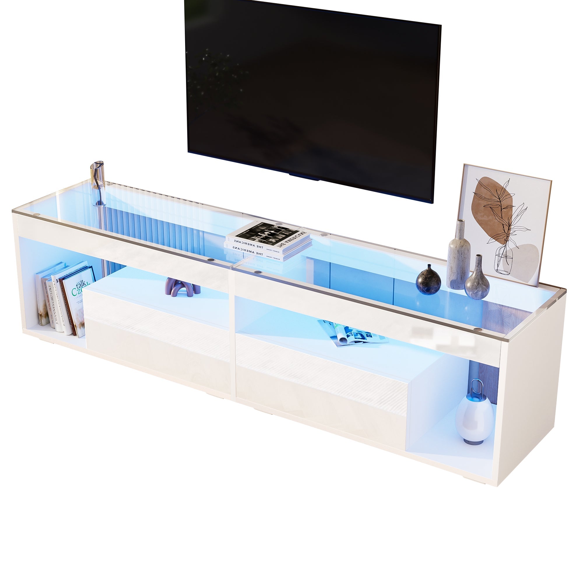 LED High-Gloss TV Cabinet for 70 Inch TVs, 2 Drawers, White