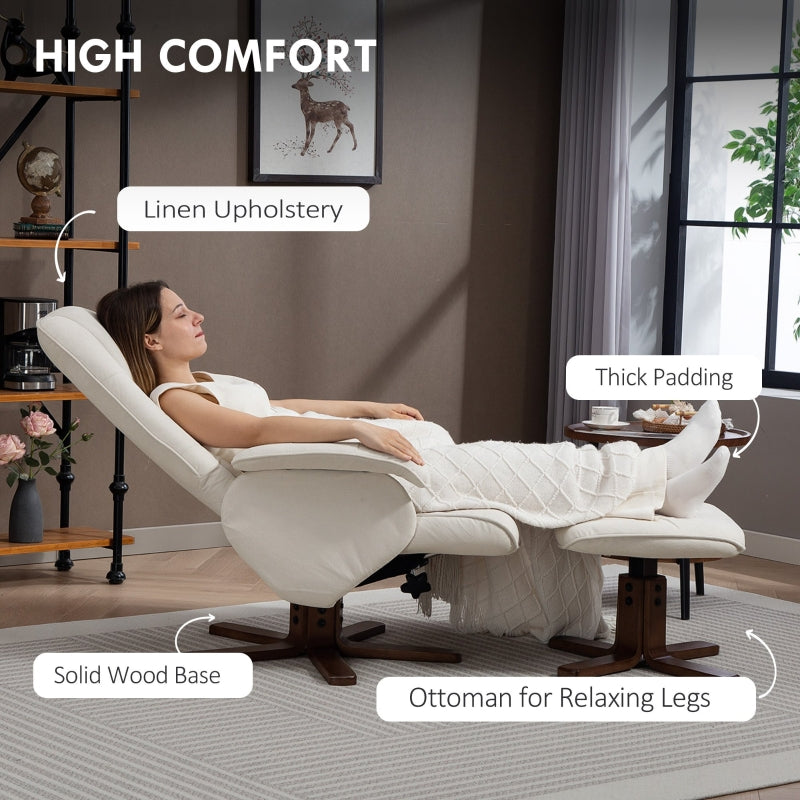 Linen Swivel Recliner Chair with Footstool, Upholstered Reclining Armchair, Beige