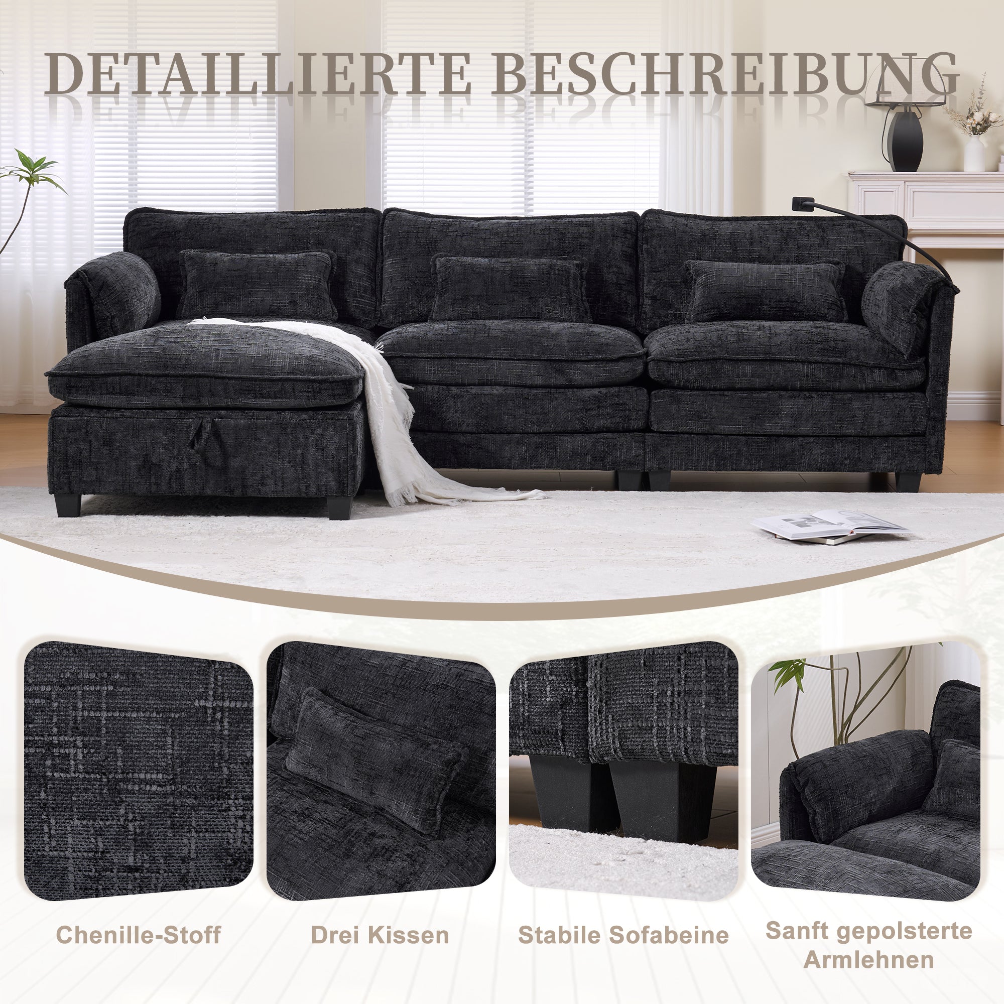 2-Seater Sofa USB Port Modular Footstool - Chenille Black