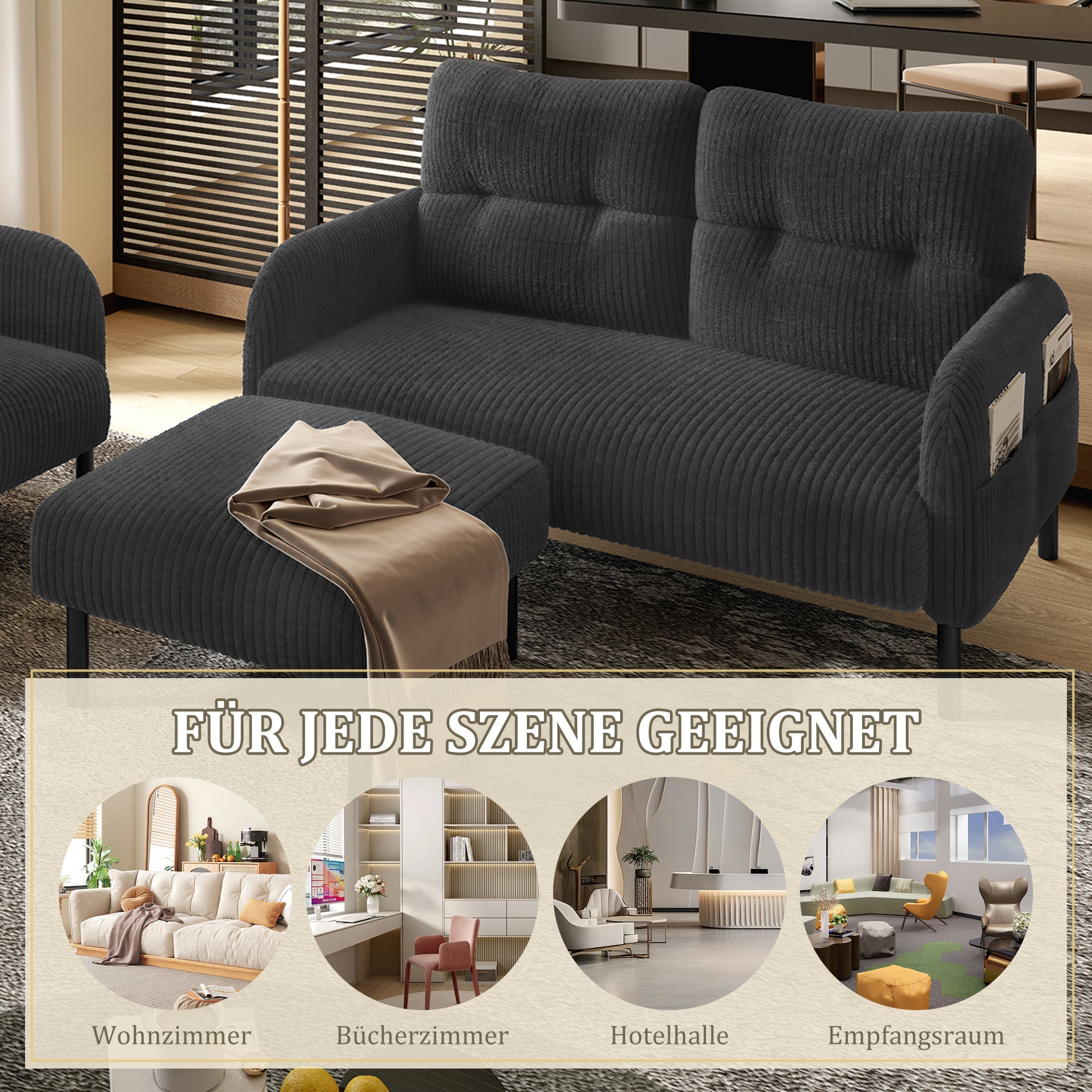 Cord Sofa Set, Modular 3-Piece Deep Seat Side Pocket, Grey Fabric