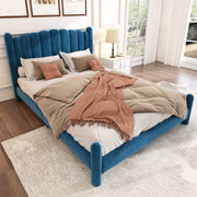 Upholstered Bed with Fan-Shaped Headboard and Slatted Base, 180x200cm, Blue Velvet