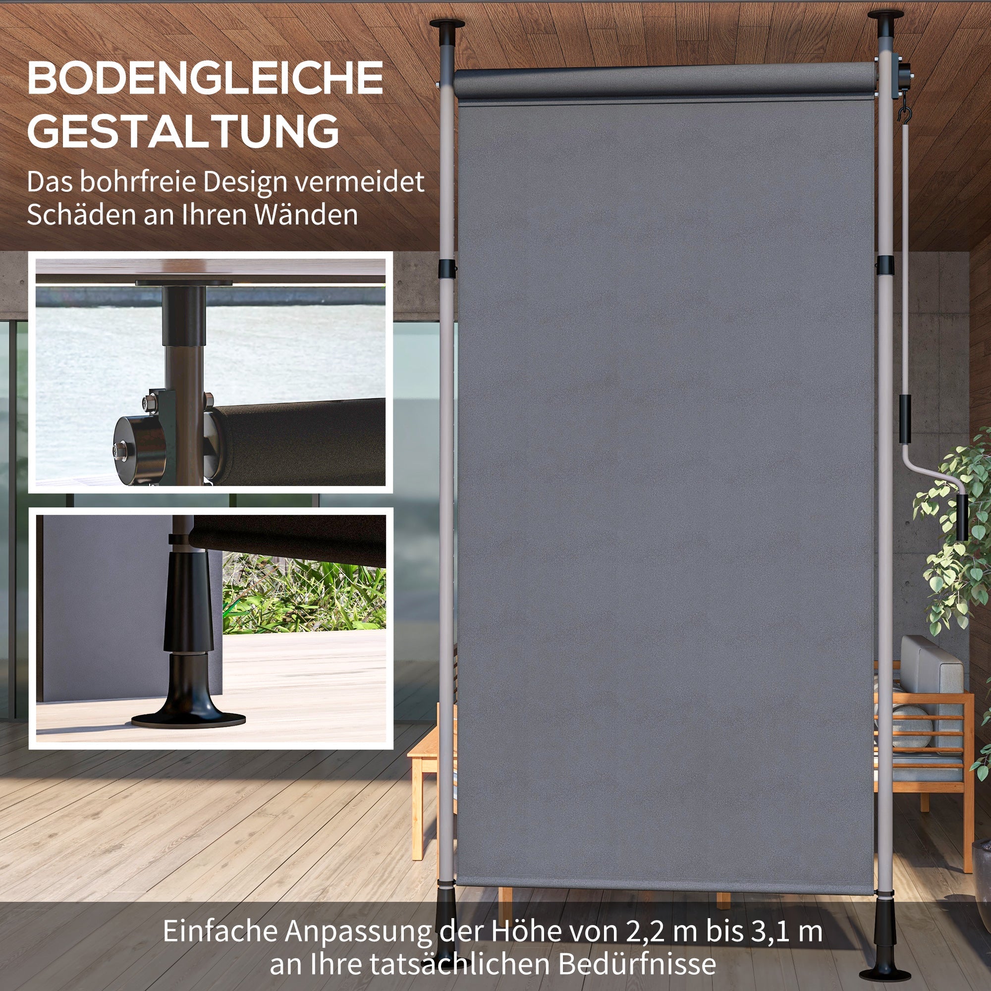 Vertical Awning/Balcony Blind 150 x 220-310cm Crank Weatherproof Polyester Dark Grey