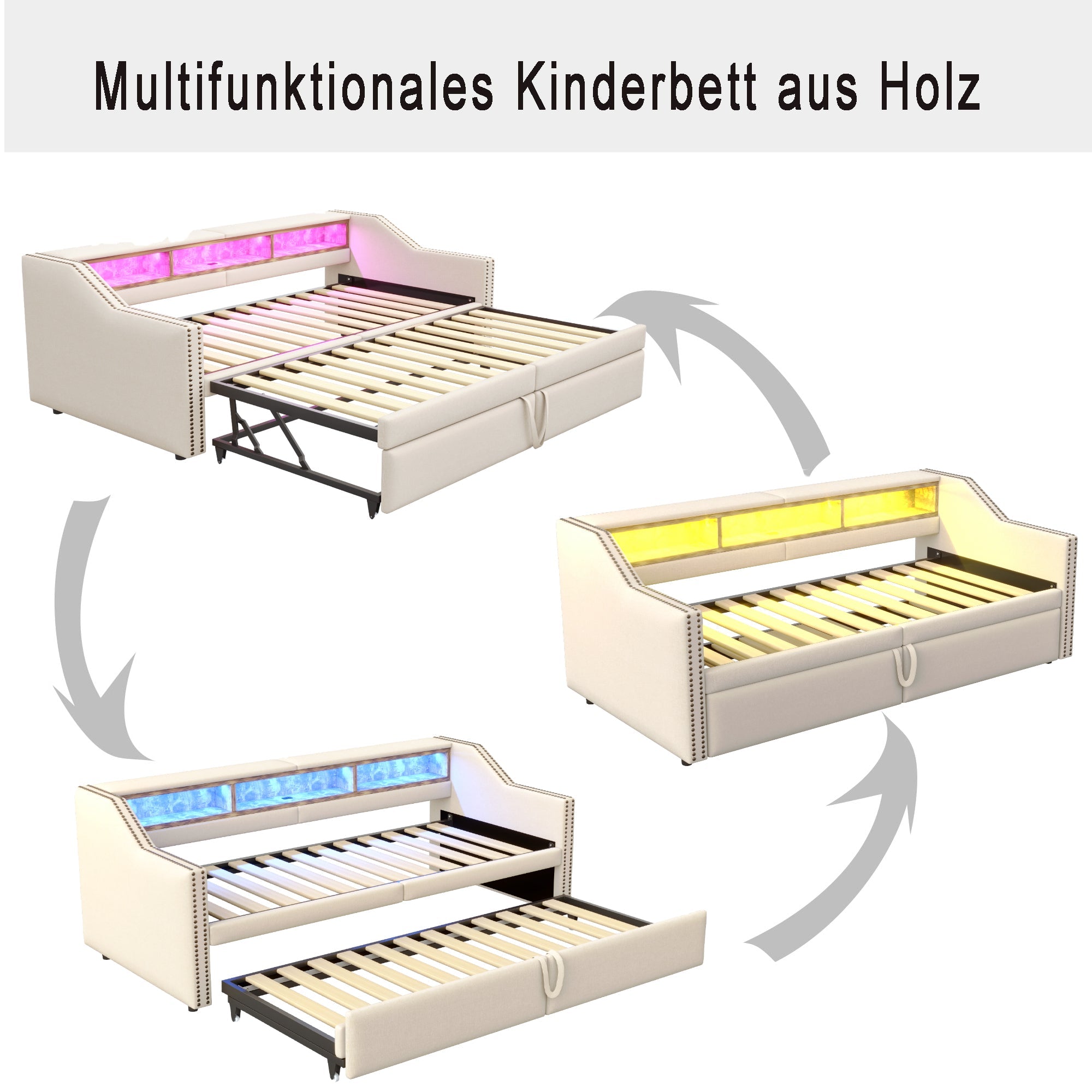 Upholstered Bed, Pull-Out Sofa Bed with Storage, LED & USB, Beige