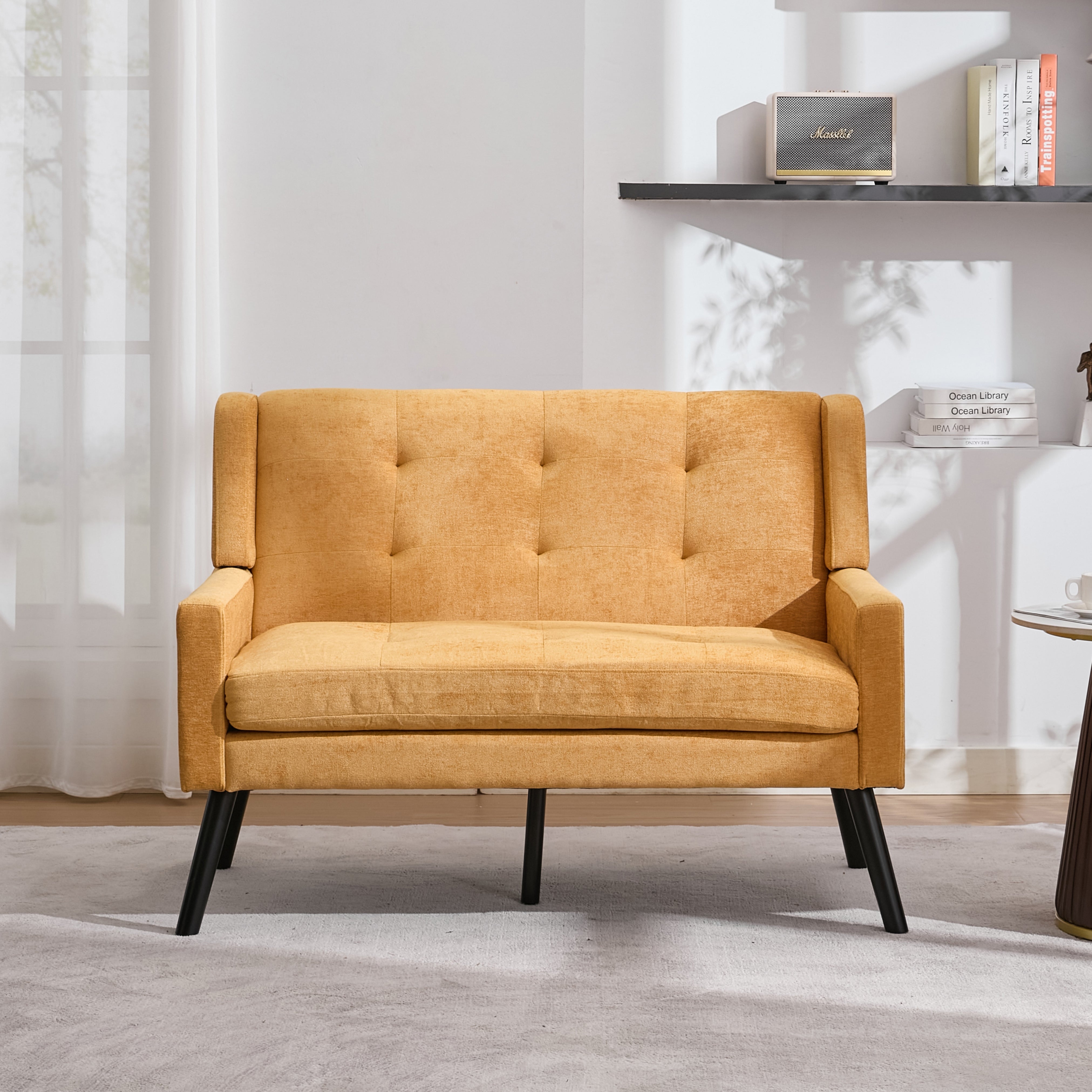 Premium Linen Bench with 2-Seater Tufted Design and Solid Wood Legs, Natural Linen Tone