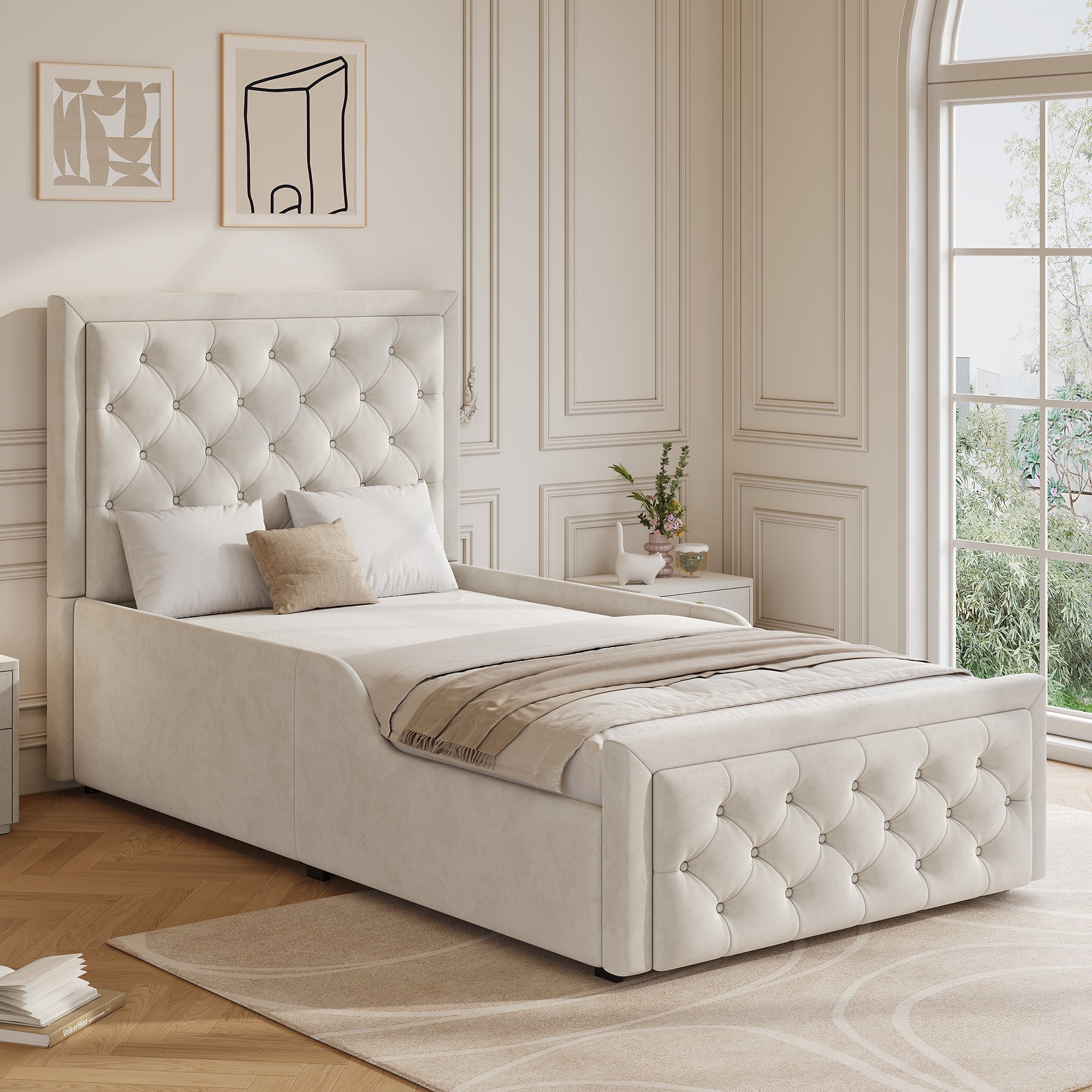 Upholstered Single Bed with Hydraulic Storage and Slatted Base, 90x200cm, Beige Velvet