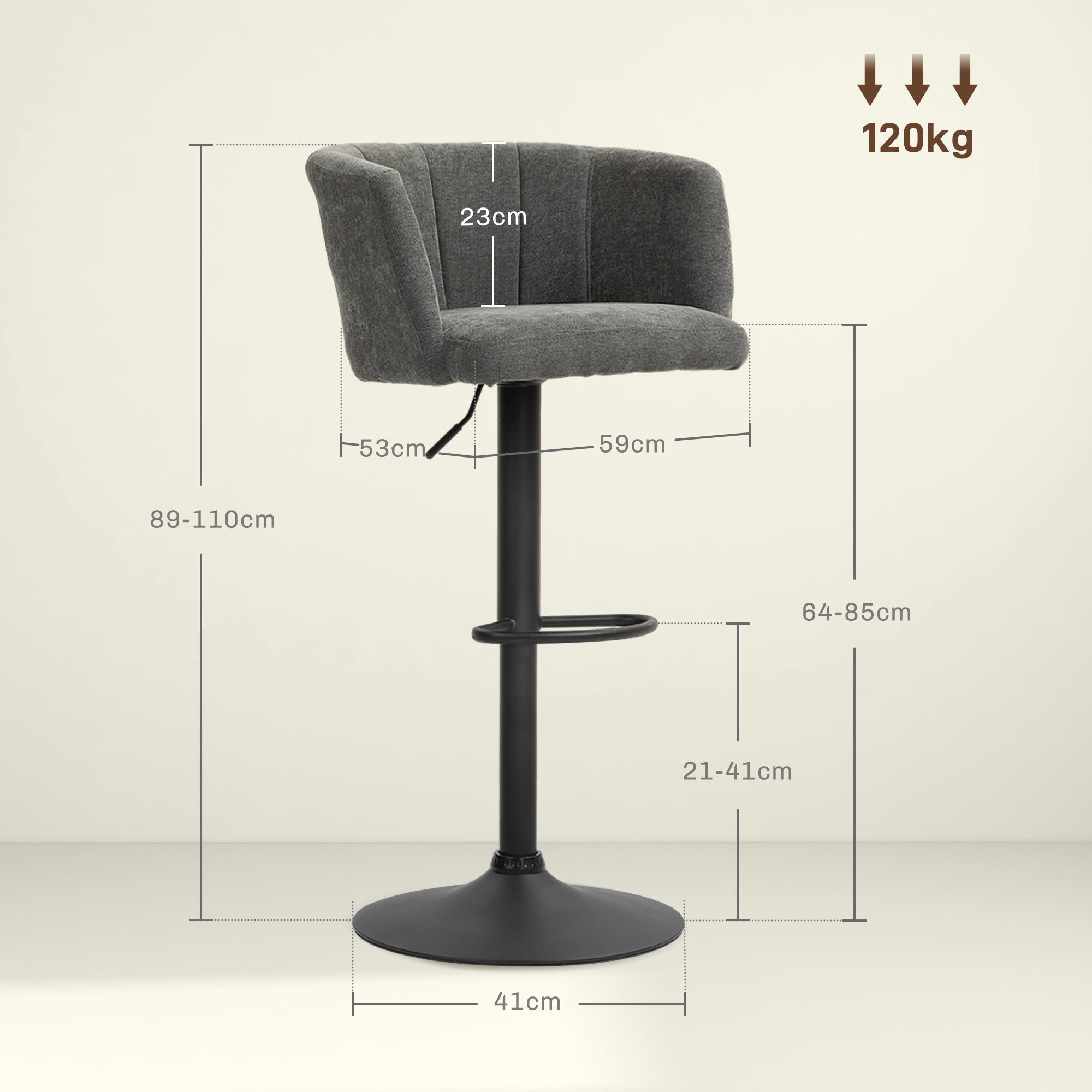 Set of 2 Bar Stools, Swivel Height-Adjustable with Footrest, Linen Dark Grey