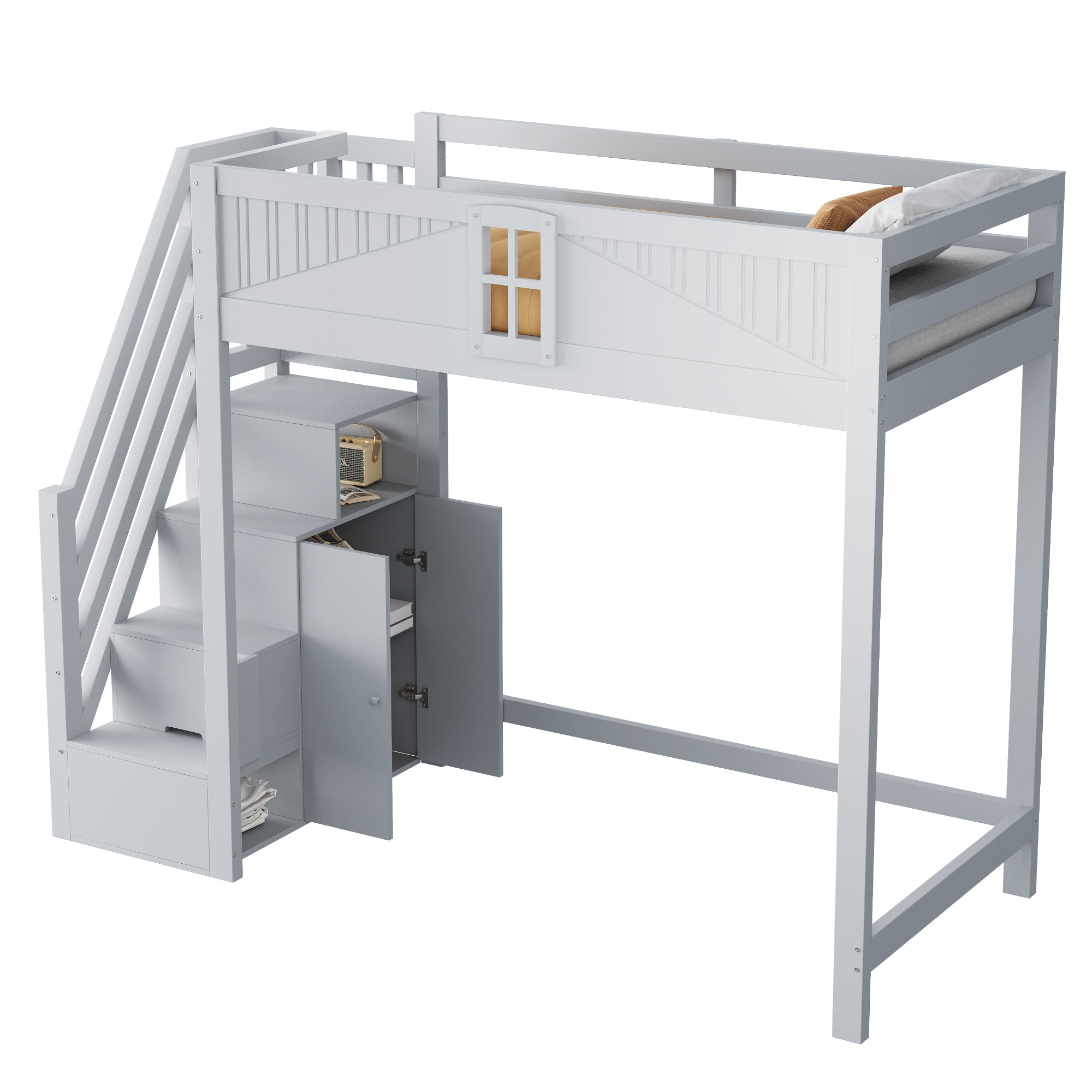 Solid Wood Loft Bed with Safety Door and Storage Ladder, 90 x 200 cm, Grey