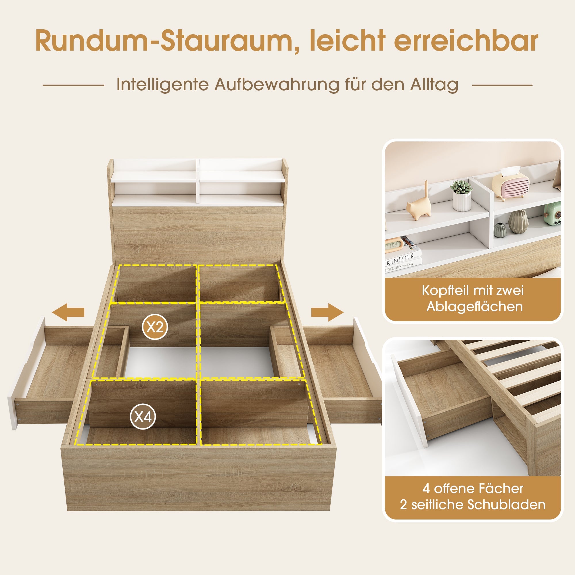 Wooden Single Bed with Headboard Shelf, 2 Drawers and Mattress, 90x200cm, White and Oak Solid Wood