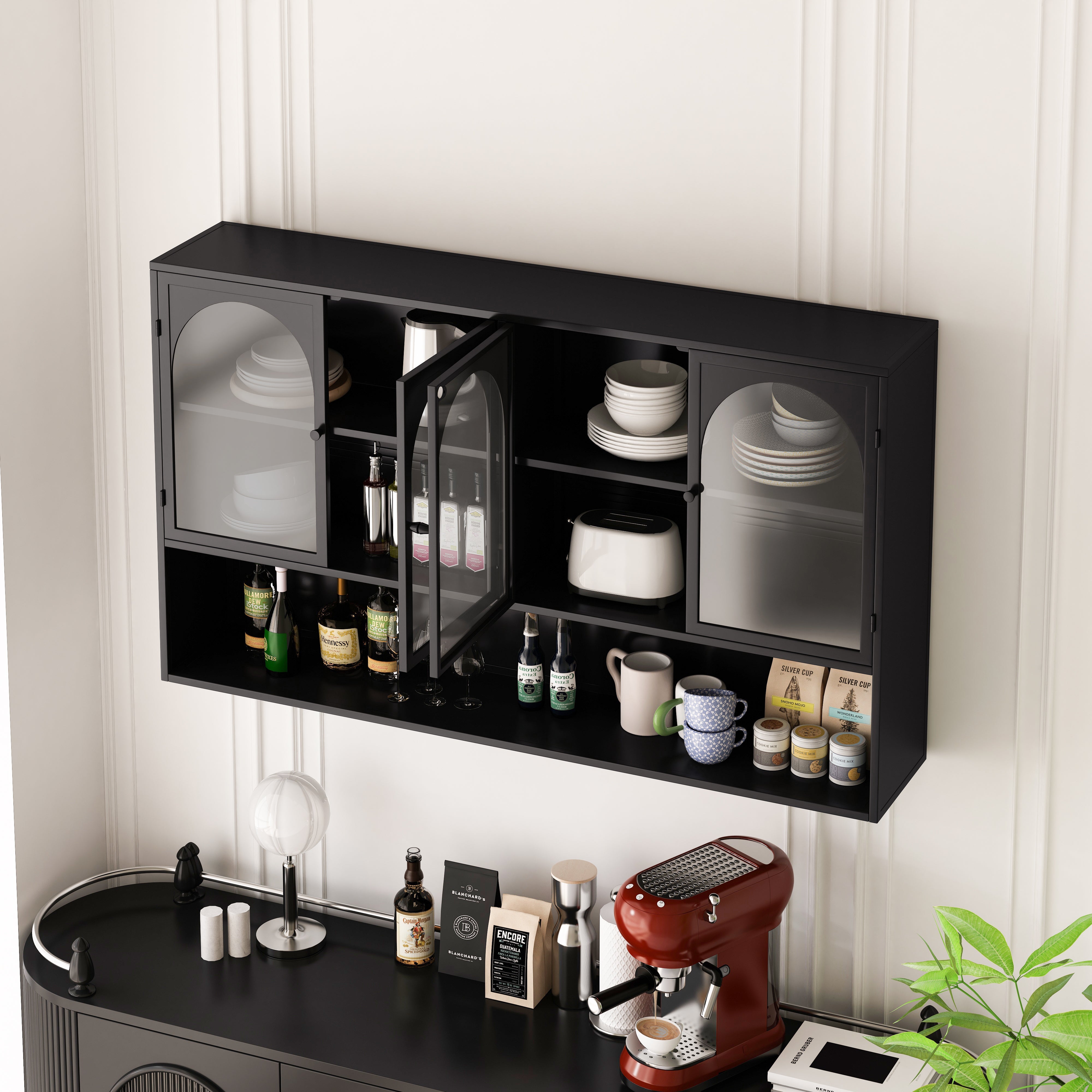 Four-door Glass Wall Cabinet, Wall-mounted 120CM, Black