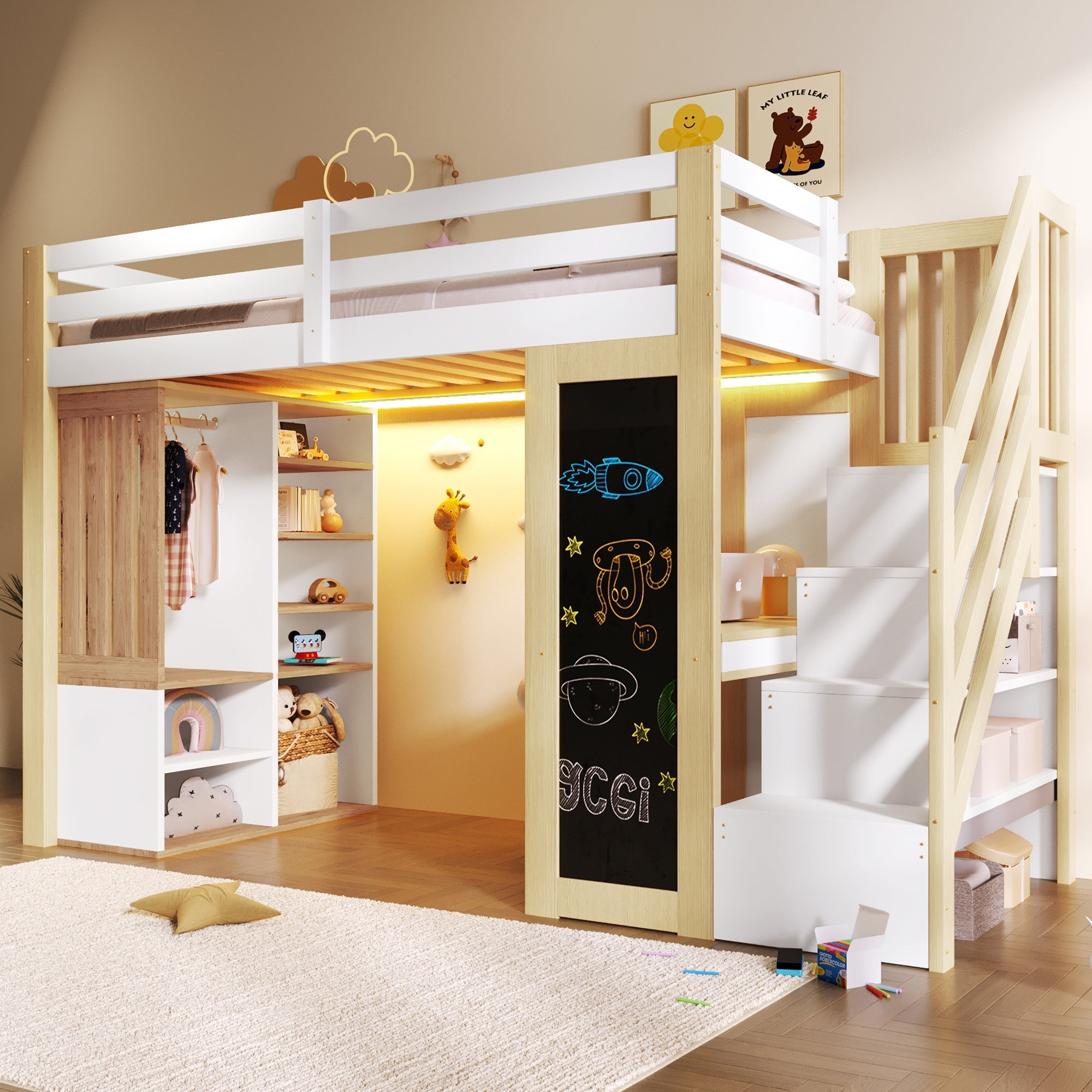 Loft Bed 90x200 with Desk, Wardrobe and LED Lighting, White and Natural