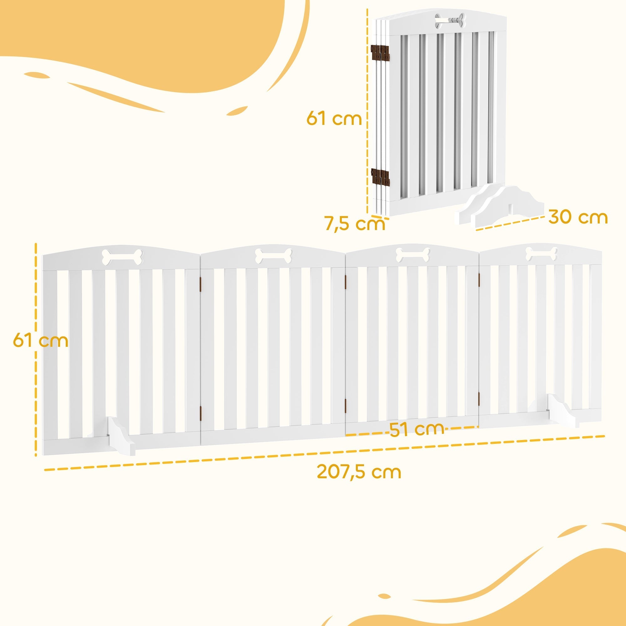 Dog Gate 4-Piece Set, Foldable Freestanding Stair Gate 207.5x61cm, White