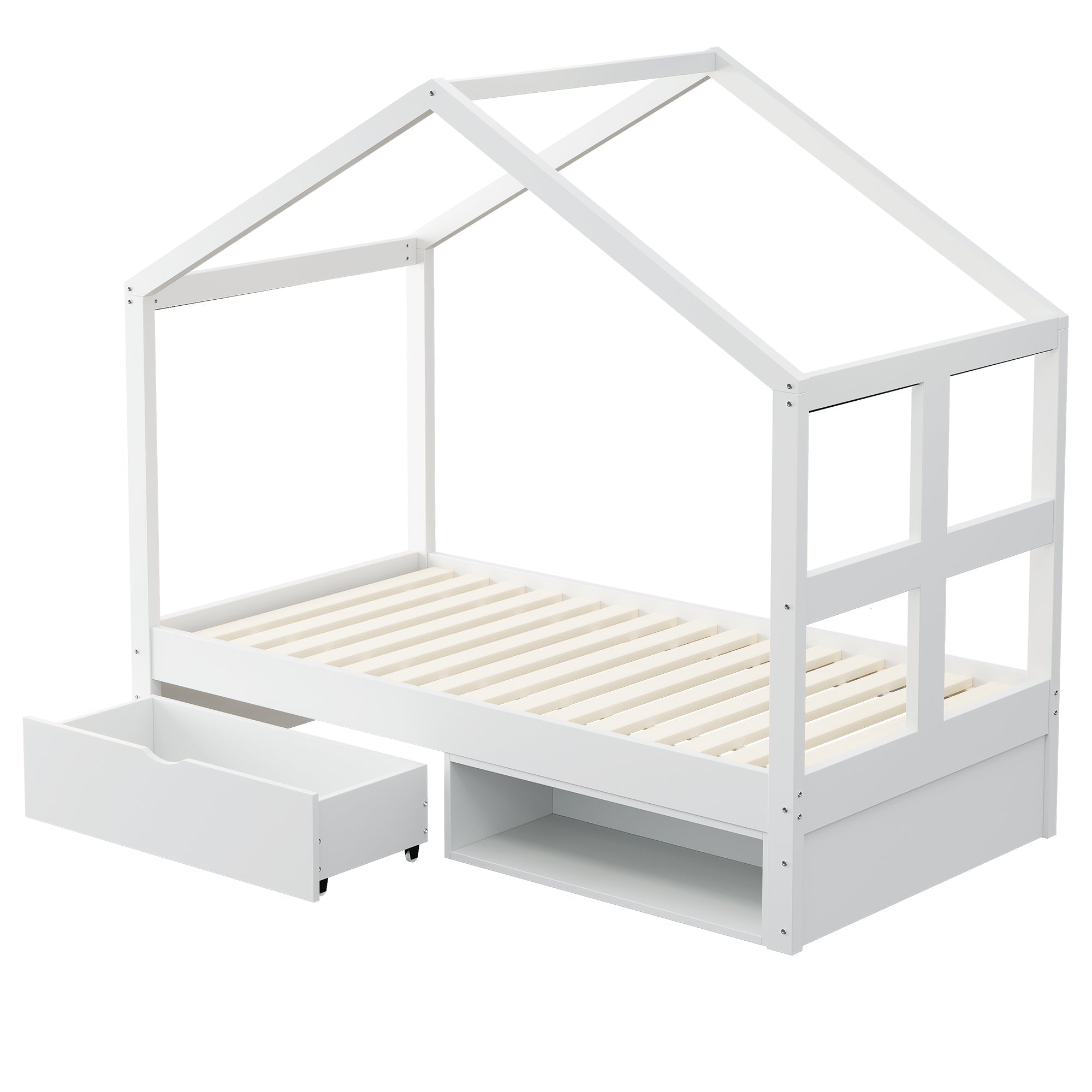 Wooden Bed with Drawers, Shoe Cabinet and LED Lighting, 90x190cm, White Wood